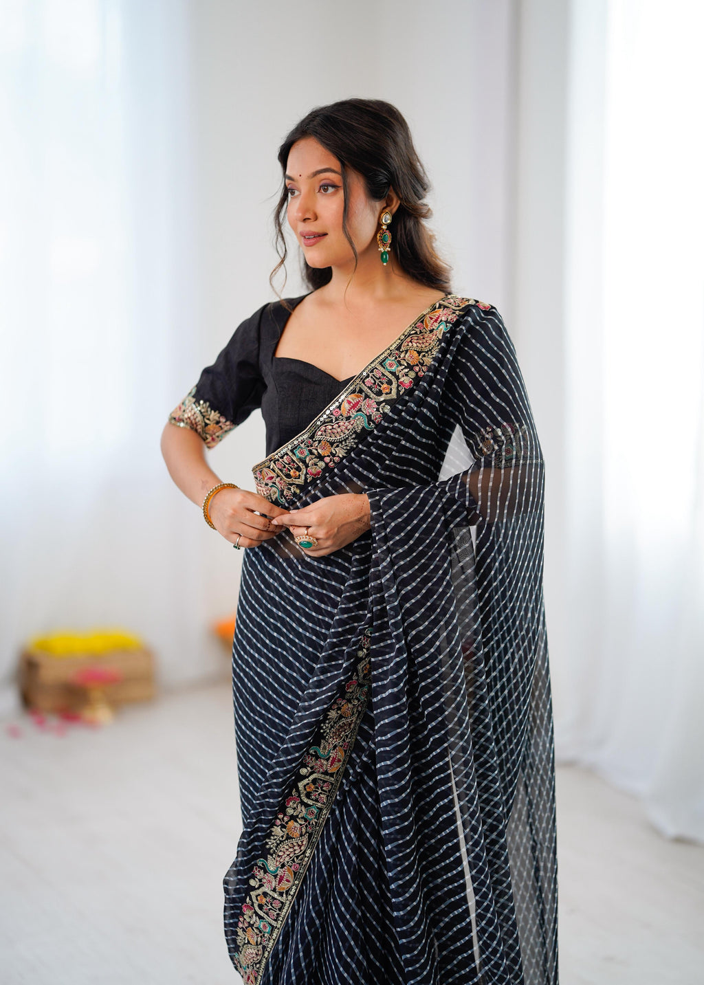 Faux Georgette Saree with Thread, Sequin Embroidery & Bandhani Print