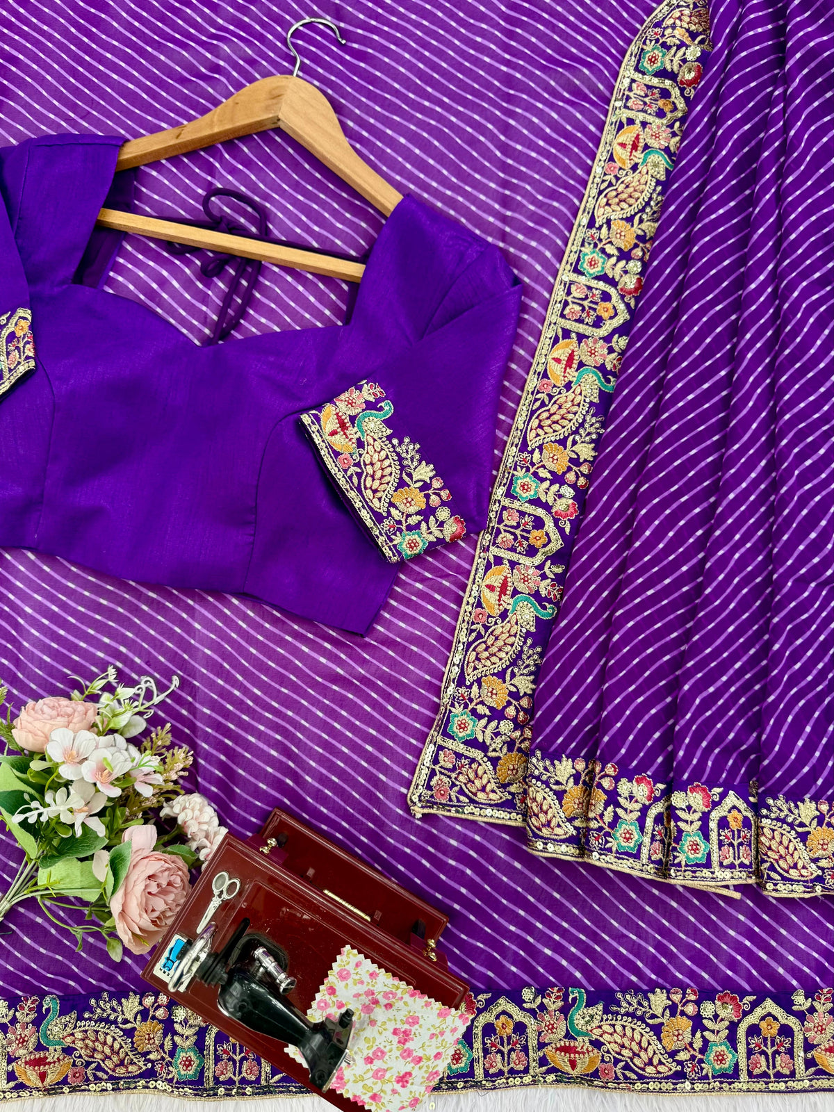 Faux Georgette Saree with Thread, Sequin Embroidery & Bandhani Print