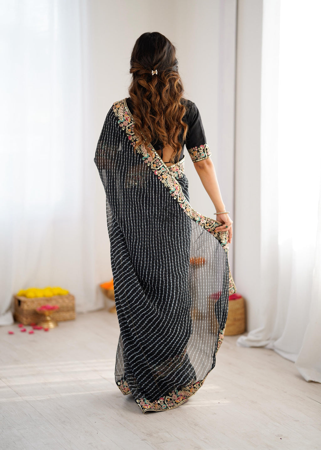 Faux Georgette Saree with Thread, Sequin Embroidery & Bandhani Print