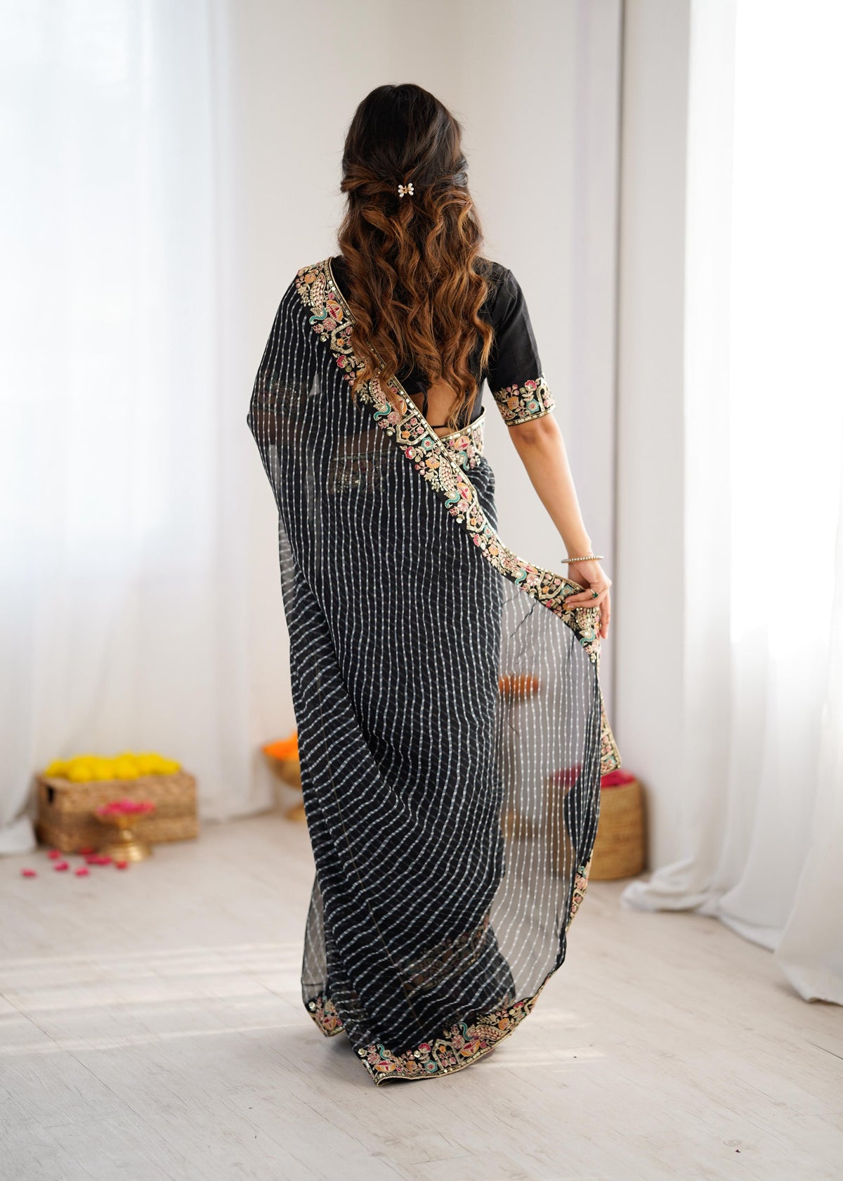 Faux Georgette Saree with Thread, Sequin Embroidery & Bandhani Print