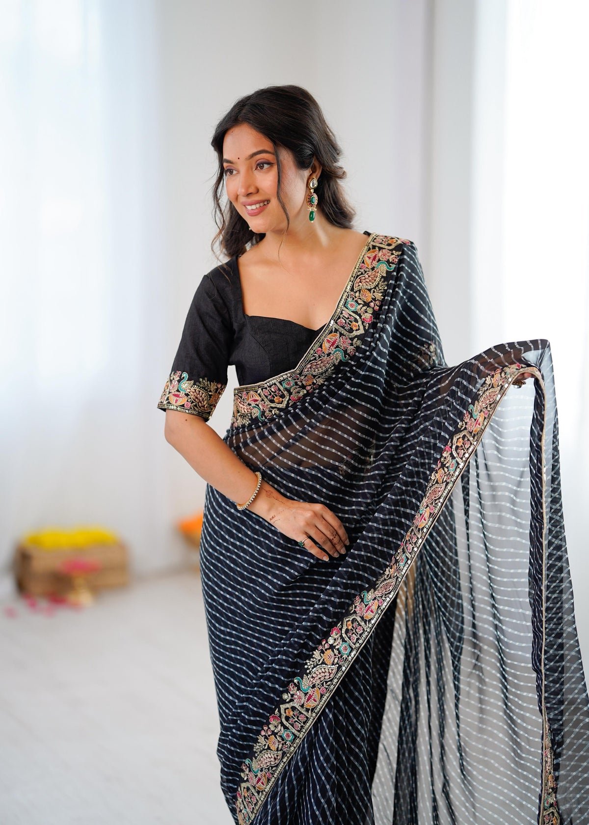 Faux Georgette Saree with Thread, Sequin Embroidery & Bandhani Print