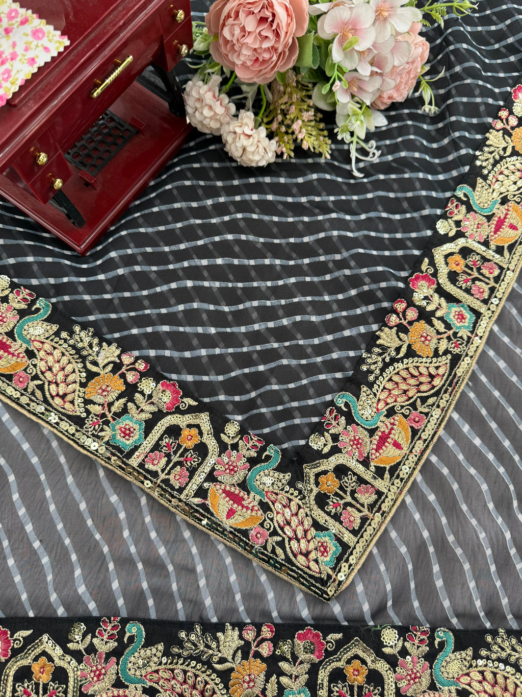 Faux Georgette Saree with Thread, Sequin Embroidery & Bandhani Print