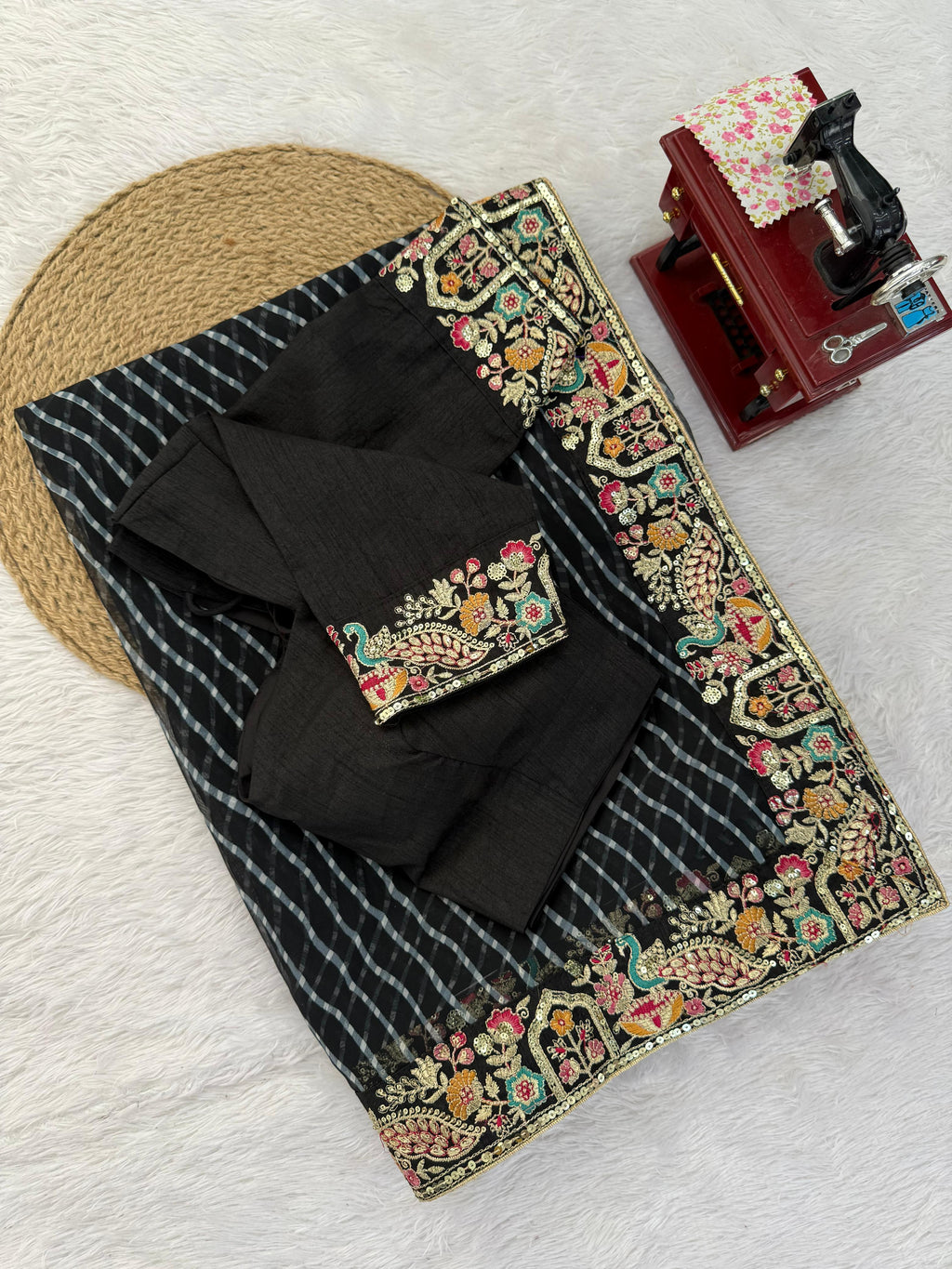 Faux Georgette Saree with Thread, Sequin Embroidery & Bandhani Print
