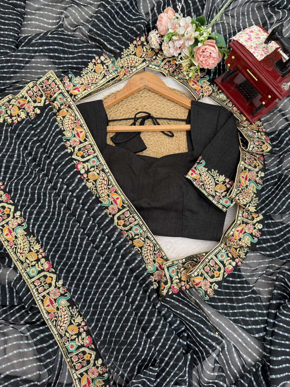 Faux Georgette Saree with Thread, Sequin Embroidery & Bandhani Print