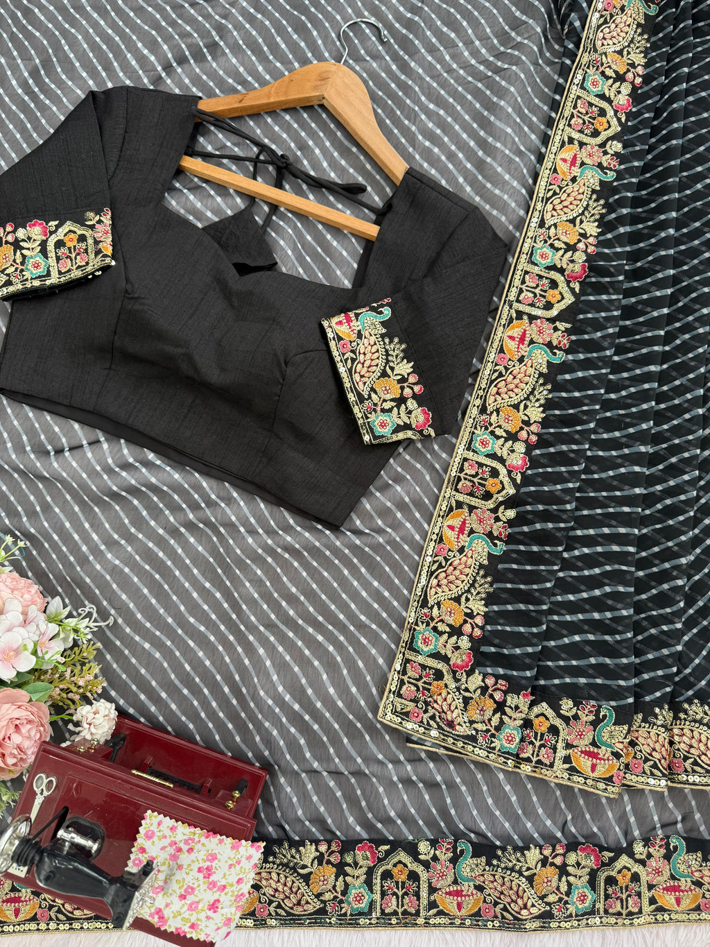 Faux Georgette Saree with Thread, Sequin Embroidery & Bandhani Print