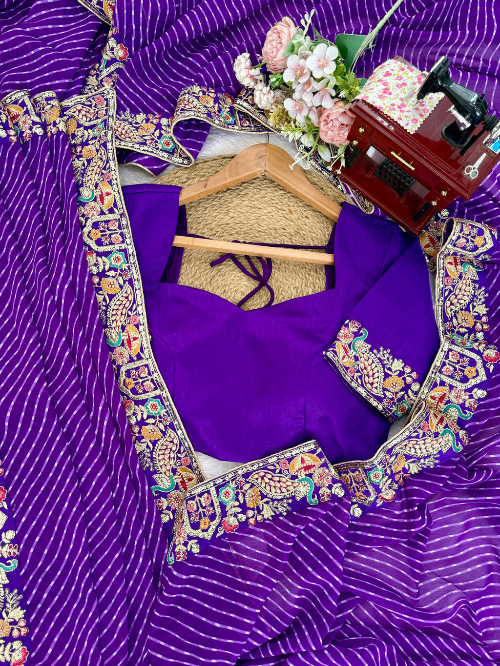 Faux Georgette Saree with Thread, Sequin Embroidery & Bandhani Print