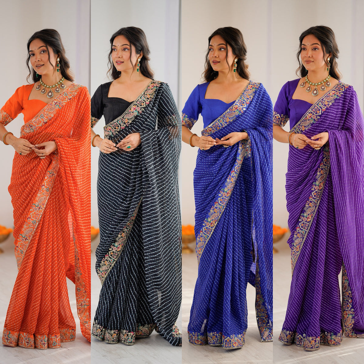 Faux Georgette Saree with Thread, Sequin Embroidery & Bandhani Print