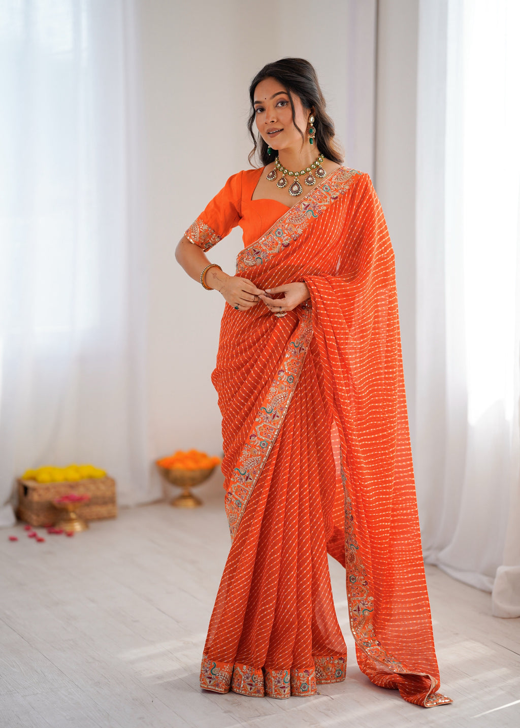 Faux Georgette Saree with Thread, Sequin Embroidery & Bandhani Print