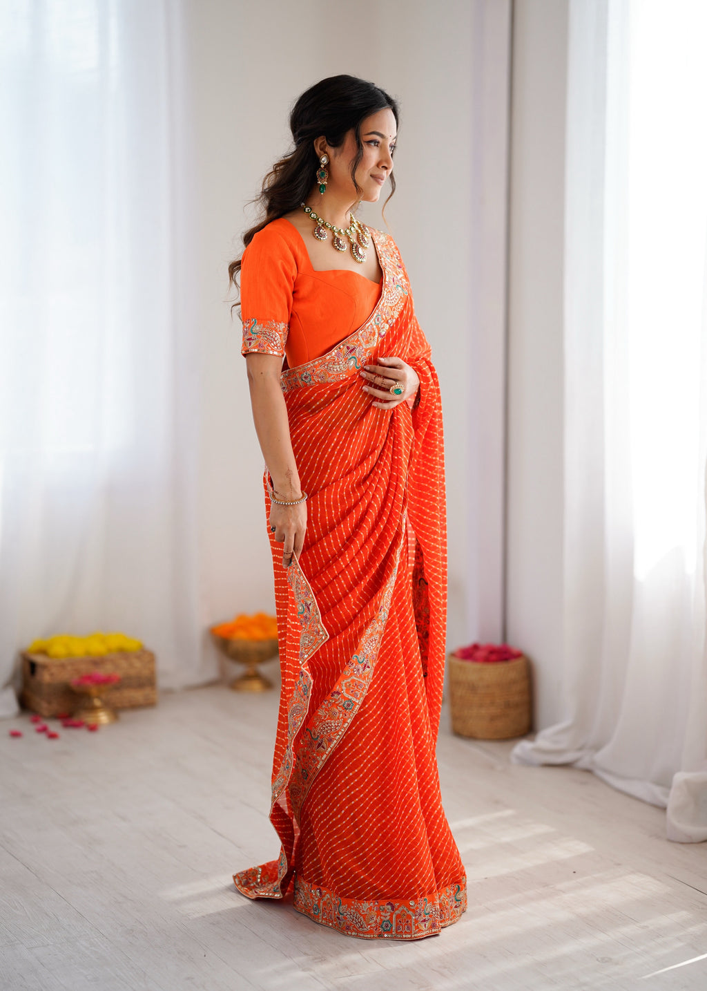 Faux Georgette Saree with Thread, Sequin Embroidery & Bandhani Print