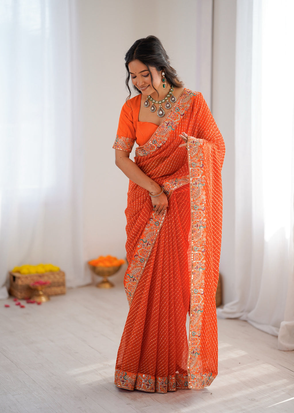 Faux Georgette Saree with Thread, Sequin Embroidery & Bandhani Print
