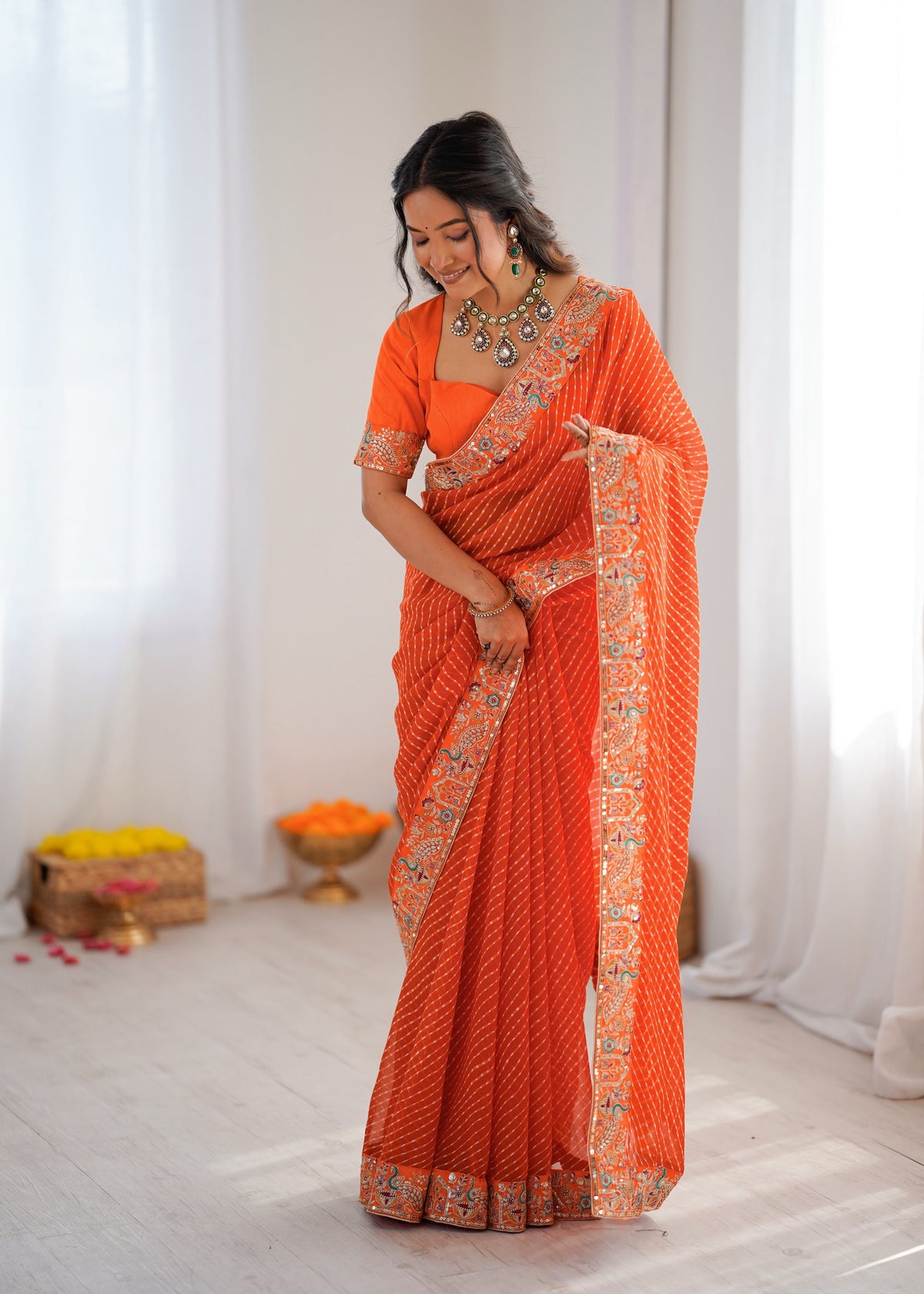 Faux Georgette Saree with Thread, Sequin Embroidery & Bandhani Print