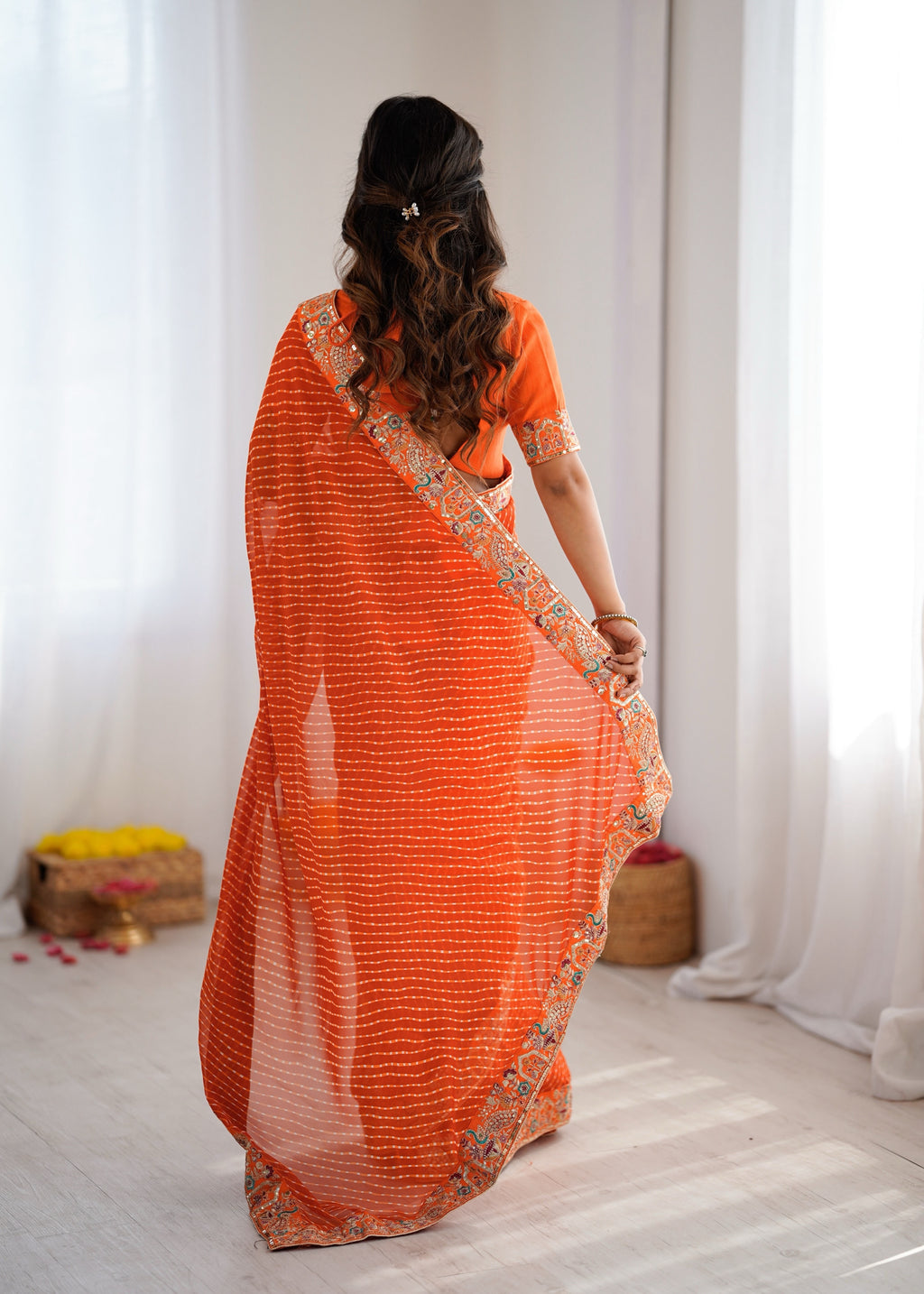 Faux Georgette Saree with Thread, Sequin Embroidery & Bandhani Print