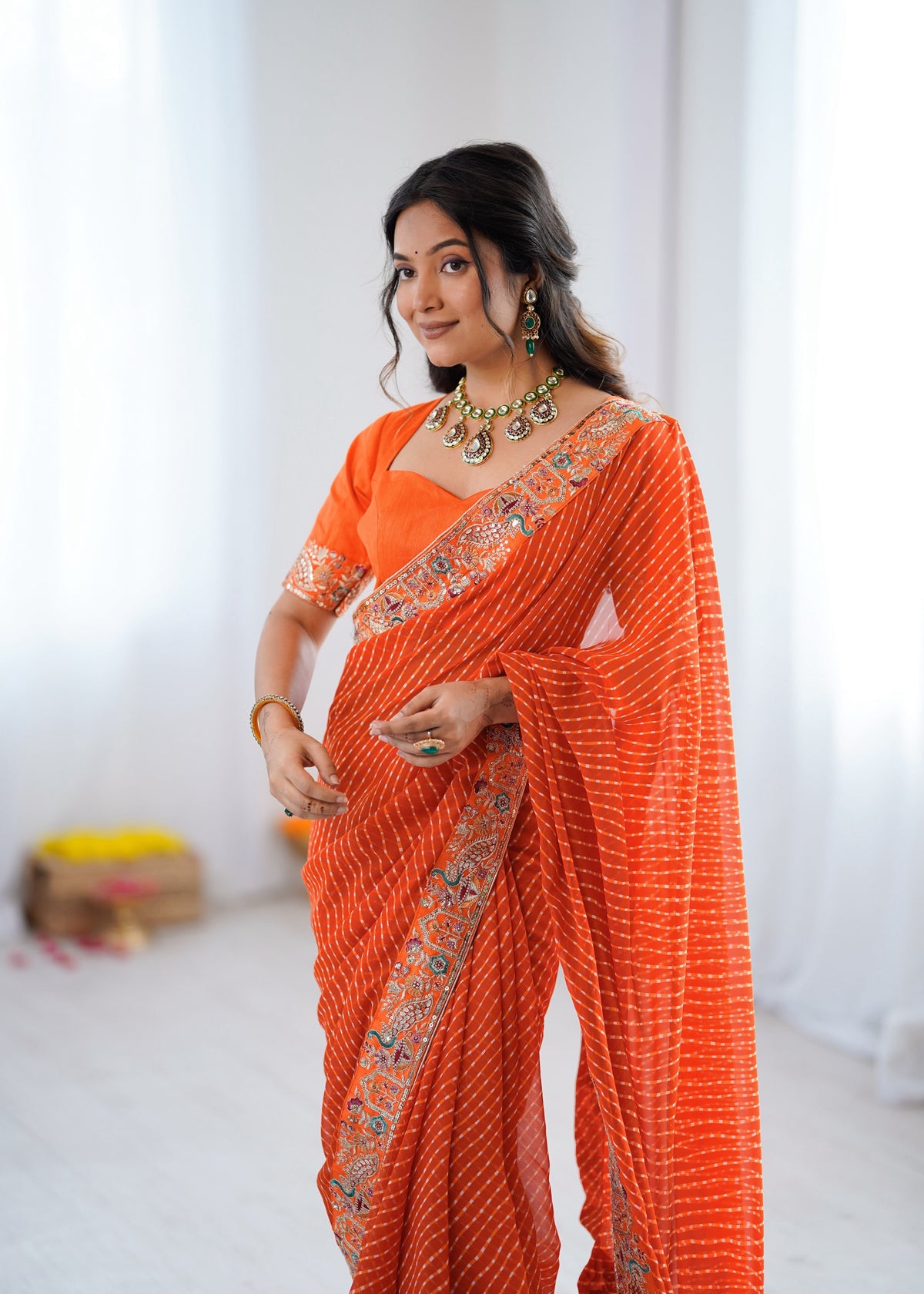 Faux Georgette Saree with Thread, Sequin Embroidery & Bandhani Print
