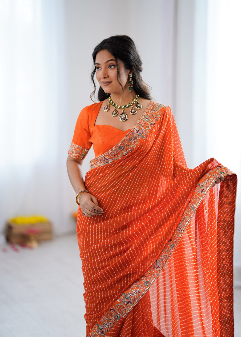 Faux Georgette Saree with Thread, Sequin Embroidery & Bandhani Print