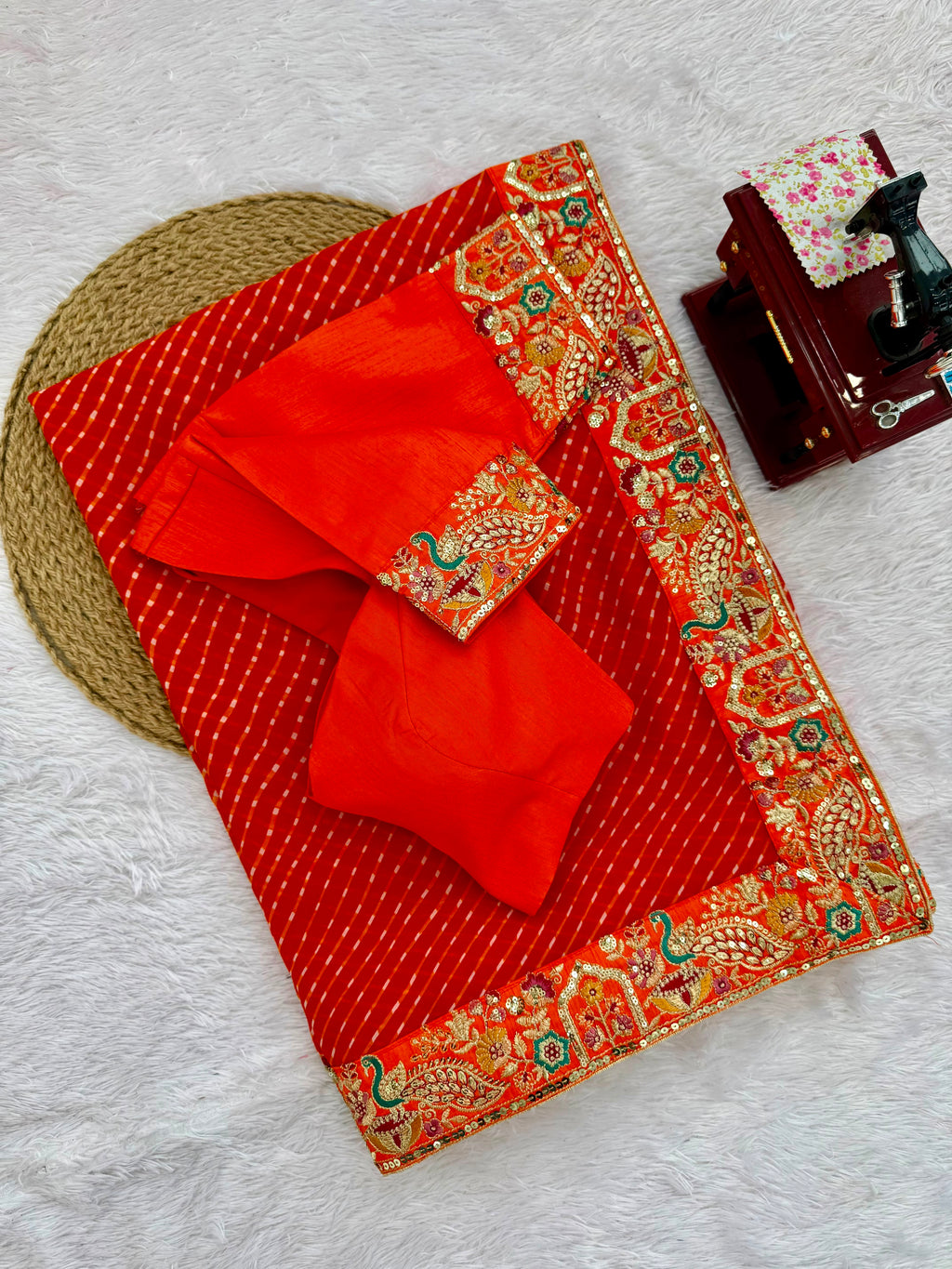 Faux Georgette Saree with Thread, Sequin Embroidery & Bandhani Print