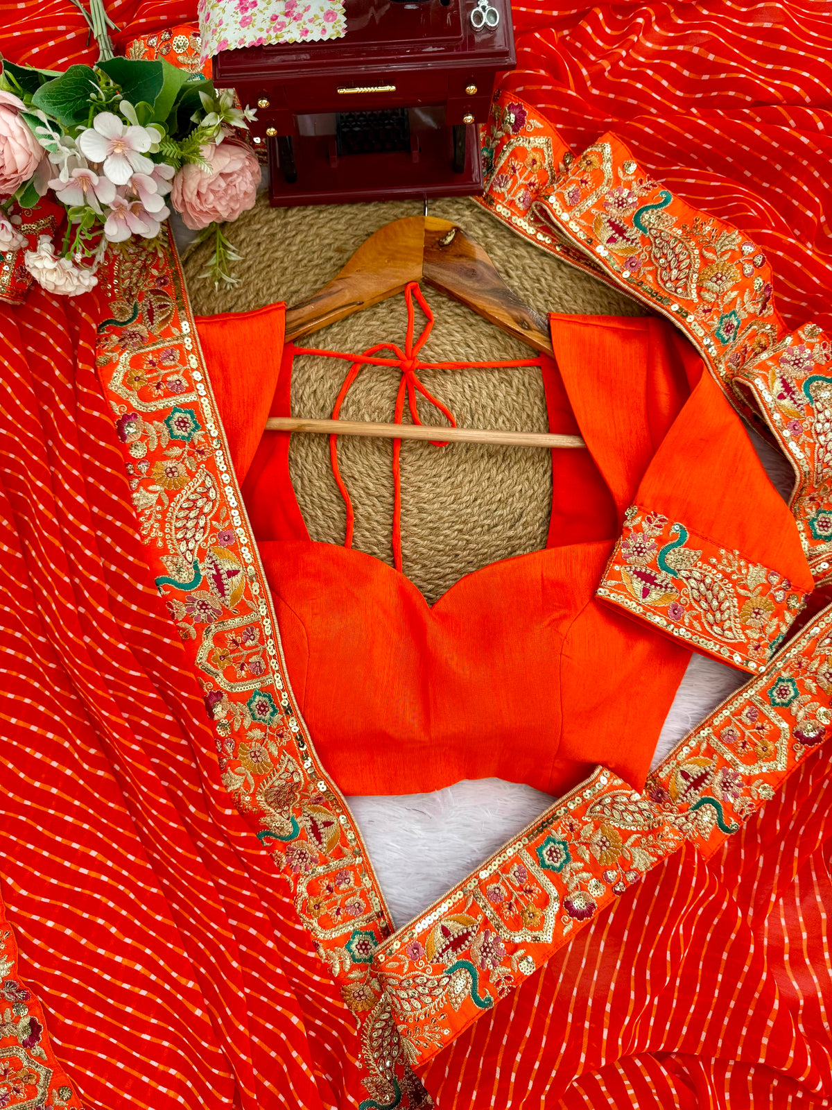 Faux Georgette Saree with Thread, Sequin Embroidery & Bandhani Print