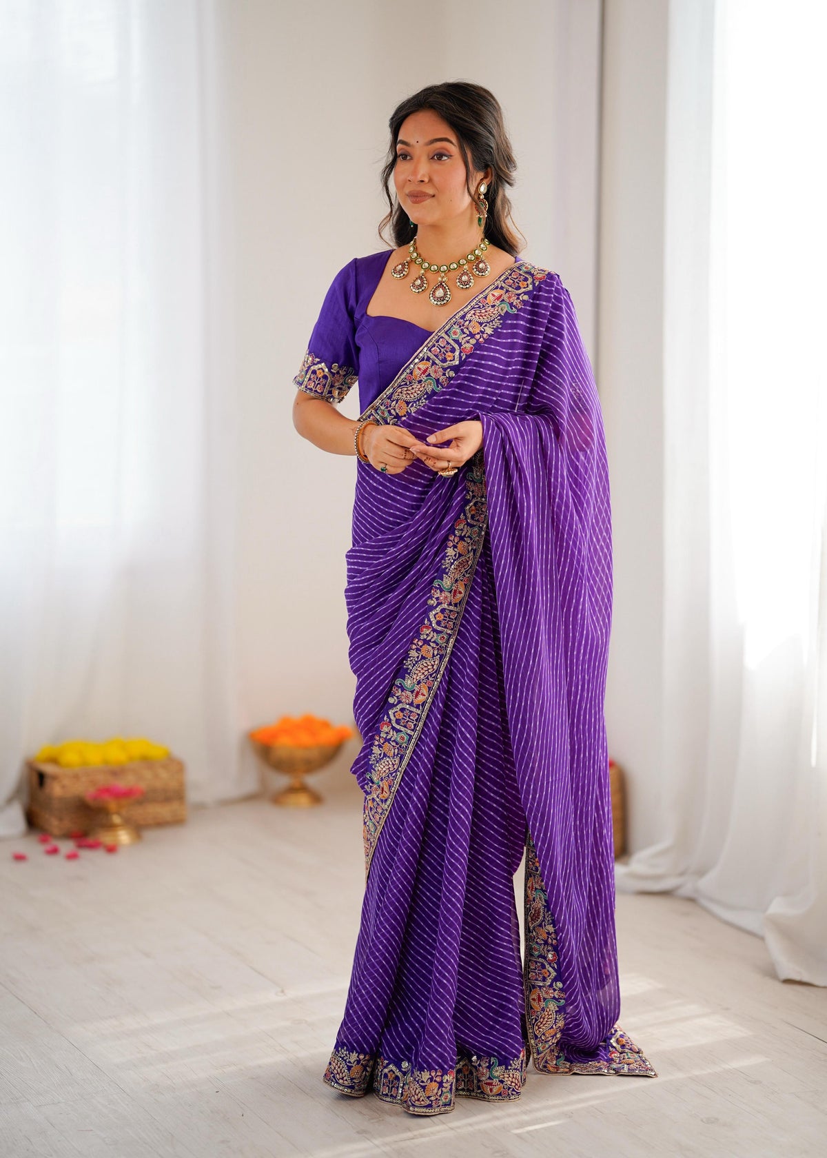 Faux Georgette Saree with Thread, Sequin Embroidery & Bandhani Print