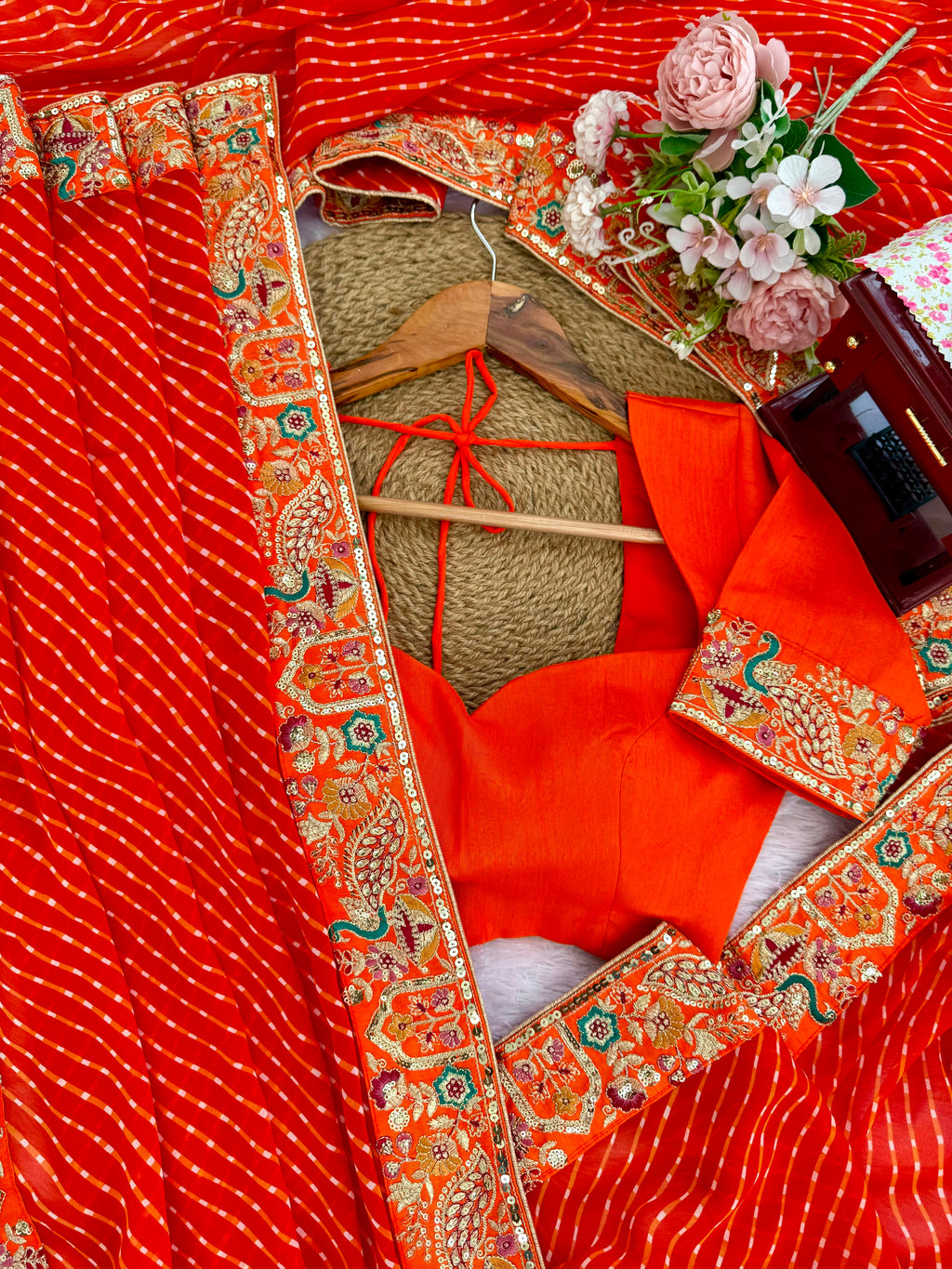 Faux Georgette Saree with Thread, Sequin Embroidery & Bandhani Print