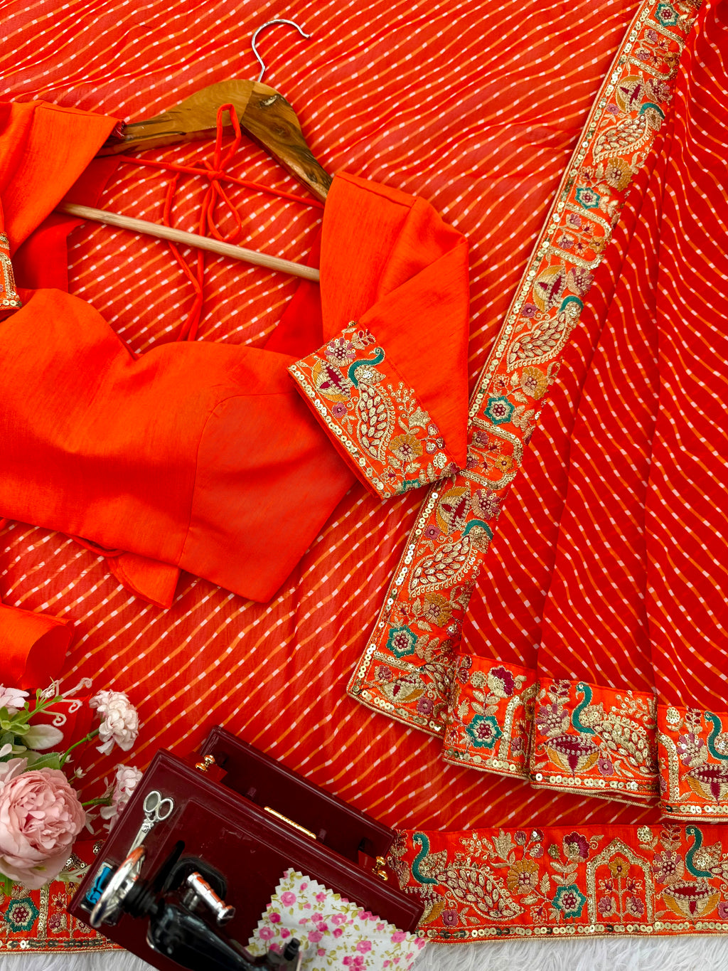 Faux Georgette Saree with Thread, Sequin Embroidery & Bandhani Print