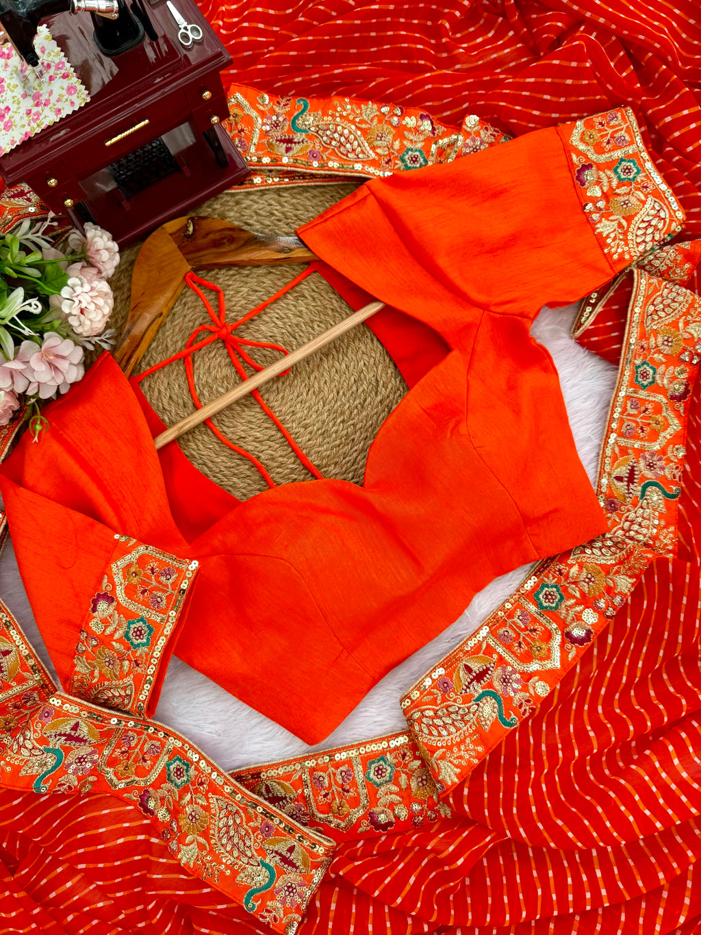 Faux Georgette Saree with Thread, Sequin Embroidery & Bandhani Print