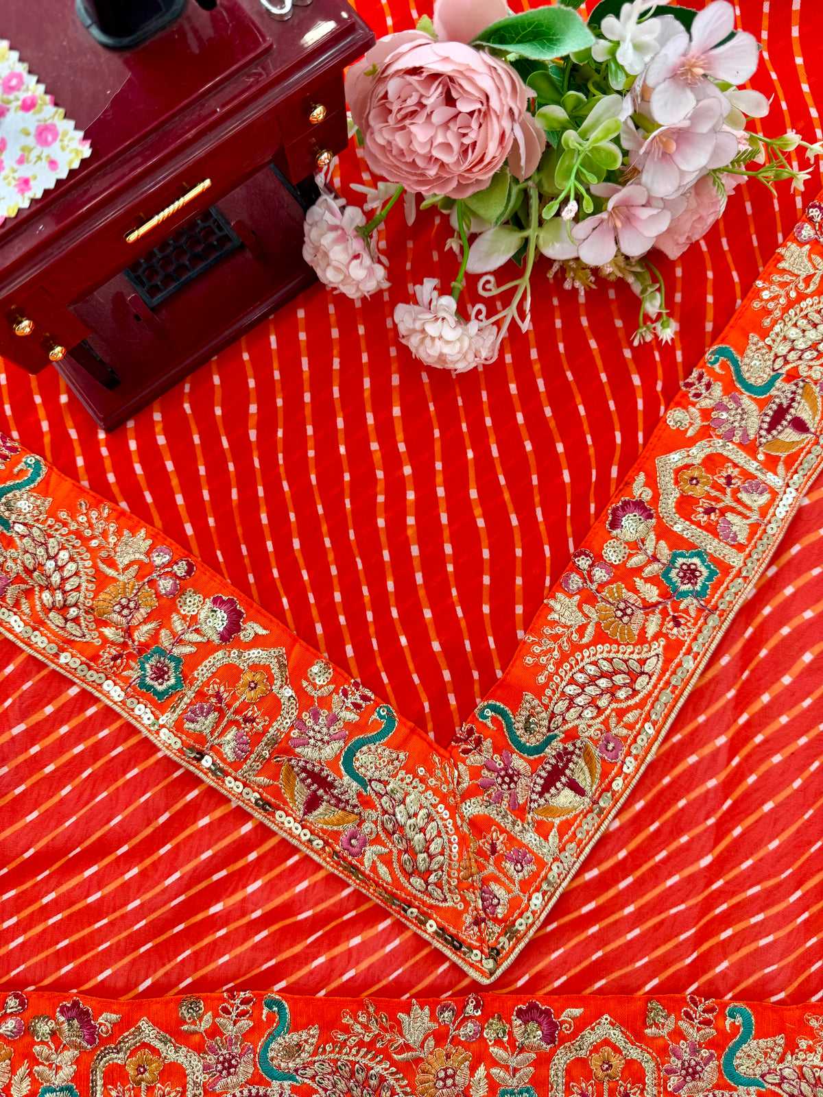 Faux Georgette Saree with Thread, Sequin Embroidery & Bandhani Print