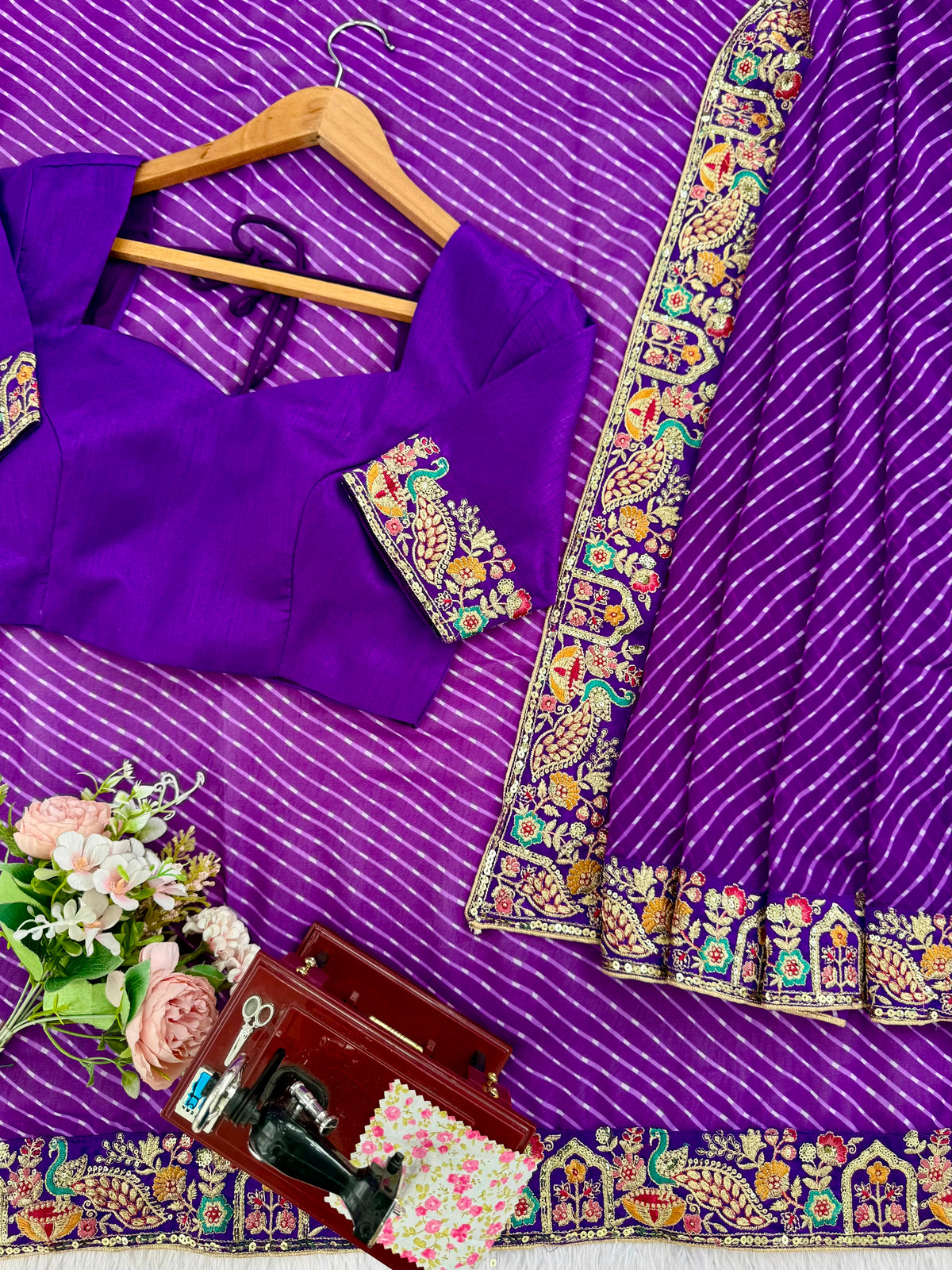Faux Georgette Saree with Thread, Sequin Embroidery & Bandhani Print