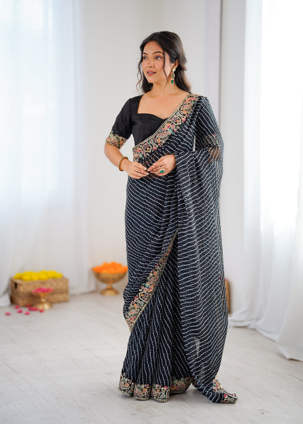 Faux Georgette Saree with Thread, Sequin Embroidery & Bandhani Print