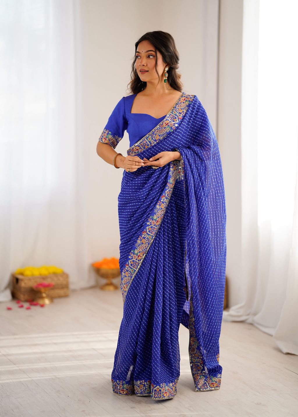 Faux Georgette Saree with Thread, Sequin Embroidery & Bandhani Print
