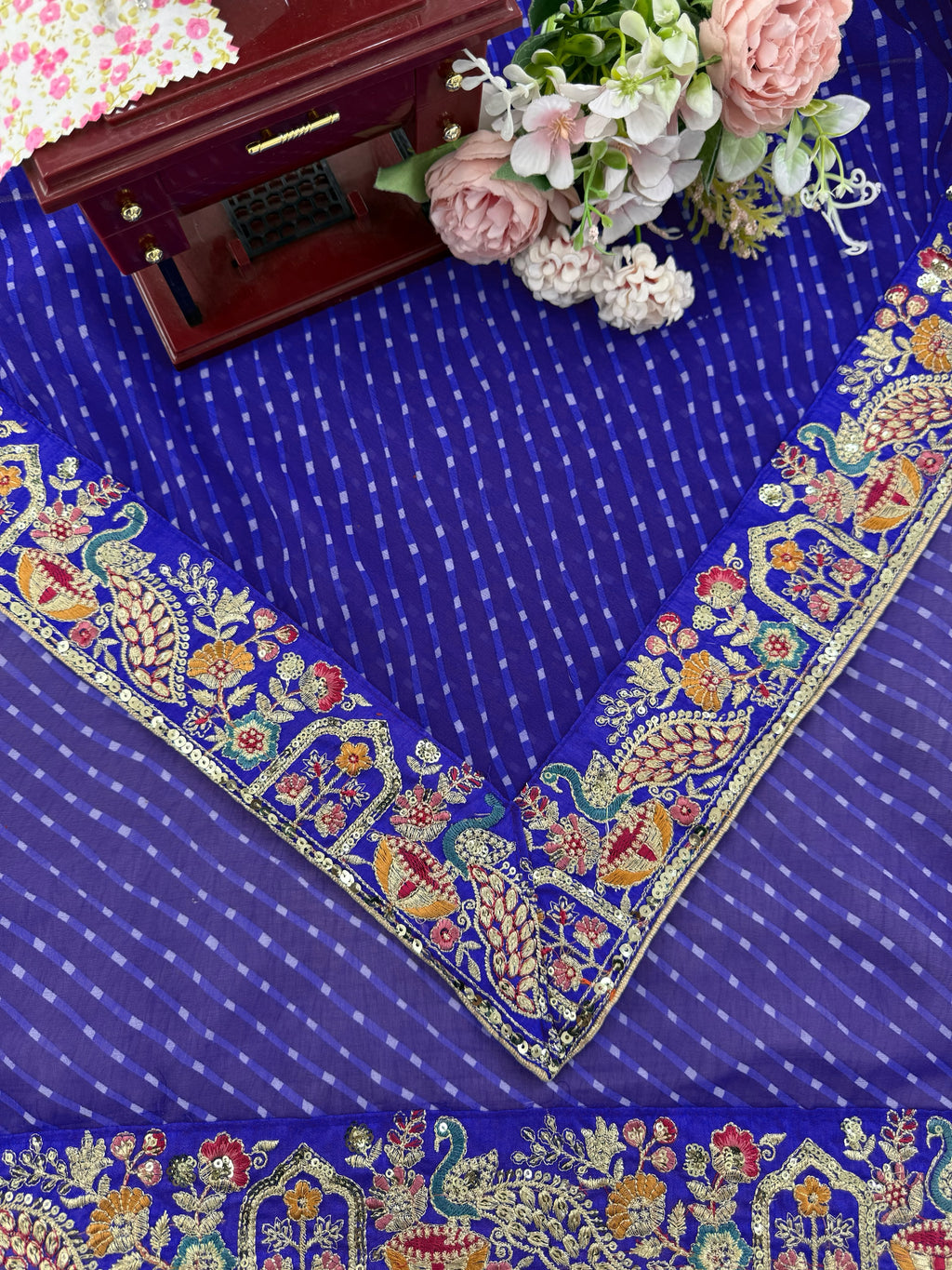 Faux Georgette Saree with Thread, Sequin Embroidery & Bandhani Print