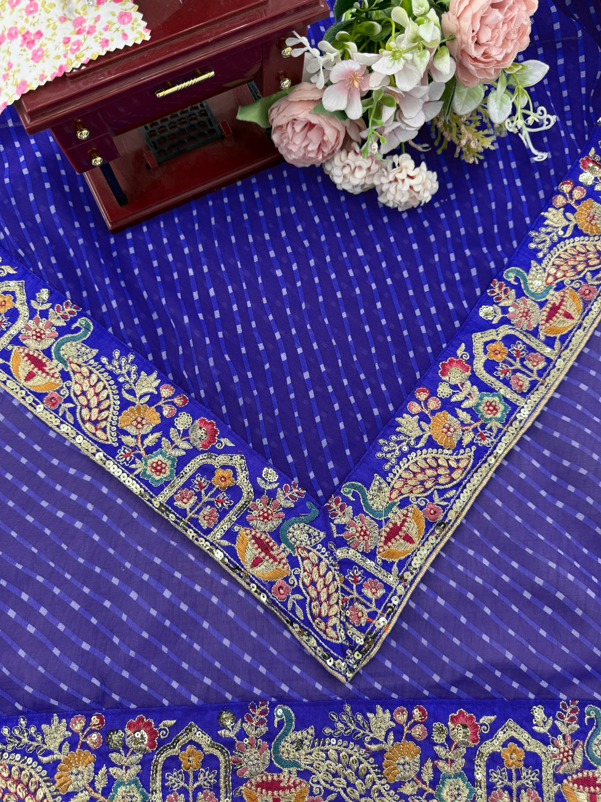 Faux Georgette Saree with Thread, Sequin Embroidery & Bandhani Print