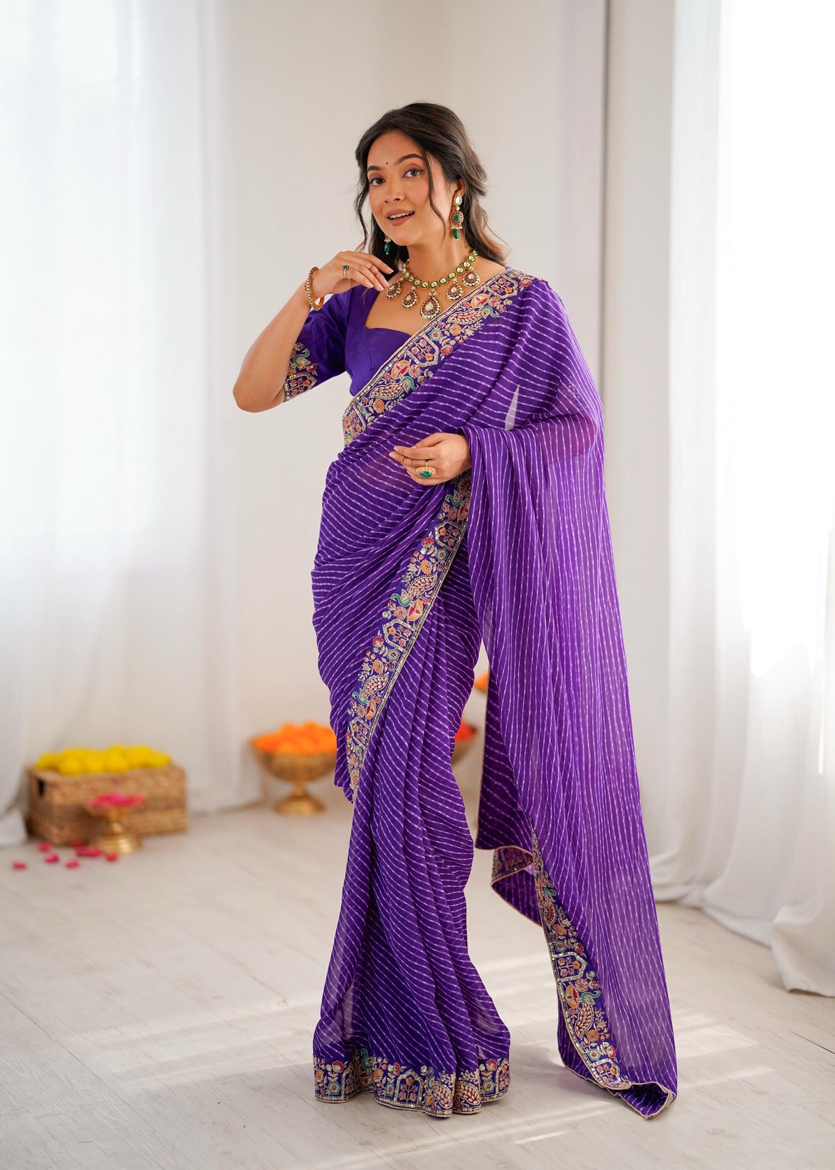 Faux Georgette Saree with Thread, Sequin Embroidery & Bandhani Print