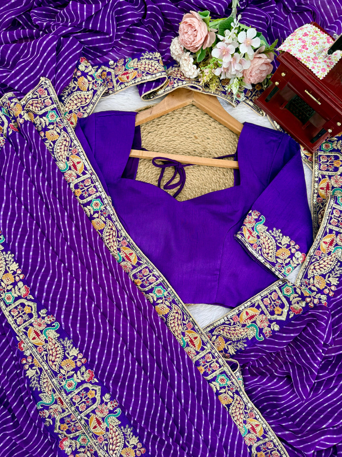 Faux Georgette Saree with Thread, Sequin Embroidery & Bandhani Print