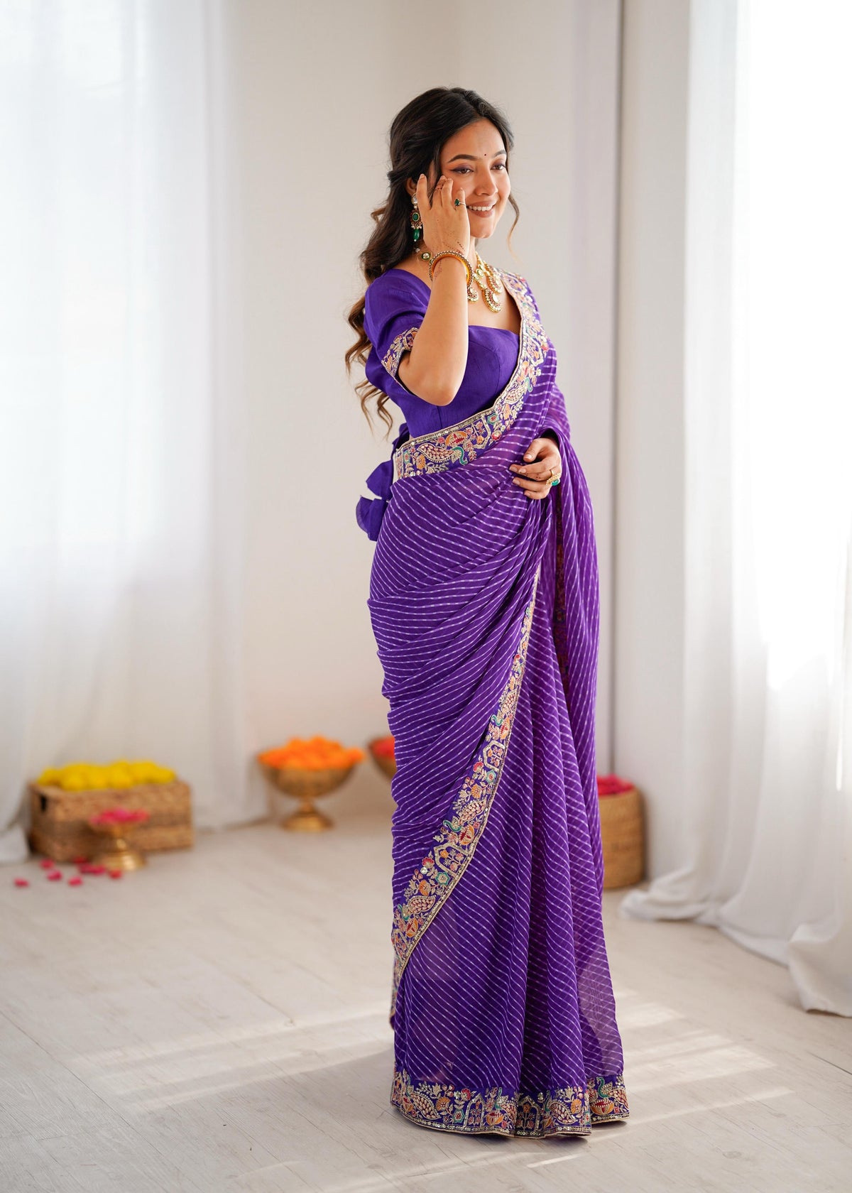 Faux Georgette Saree with Thread, Sequin Embroidery & Bandhani Print