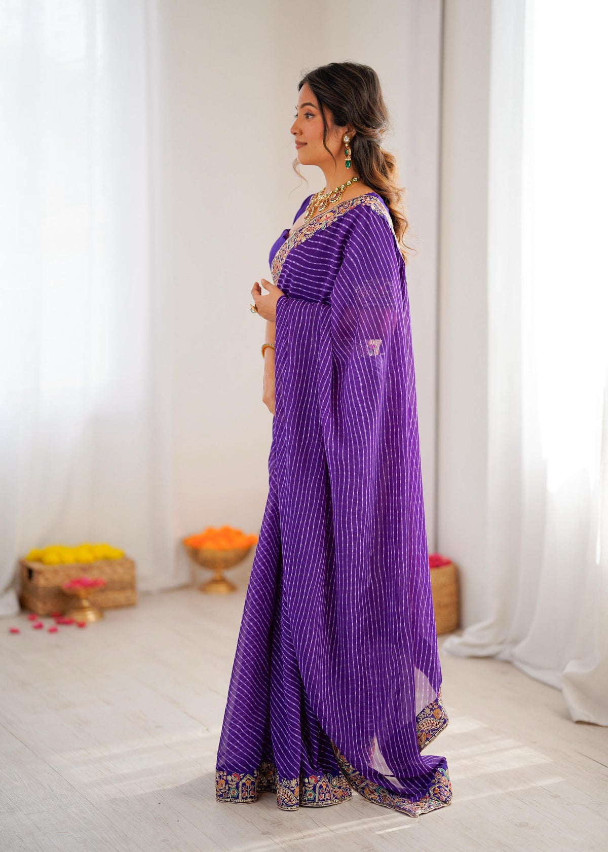 Faux Georgette Saree with Thread, Sequin Embroidery & Bandhani Print