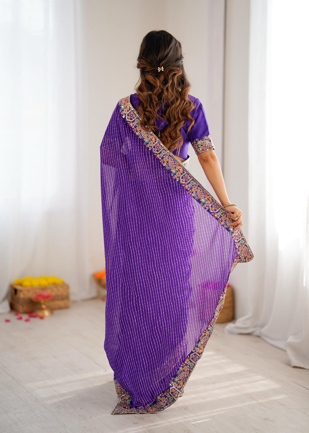 Faux Georgette Saree with Thread, Sequin Embroidery & Bandhani Print