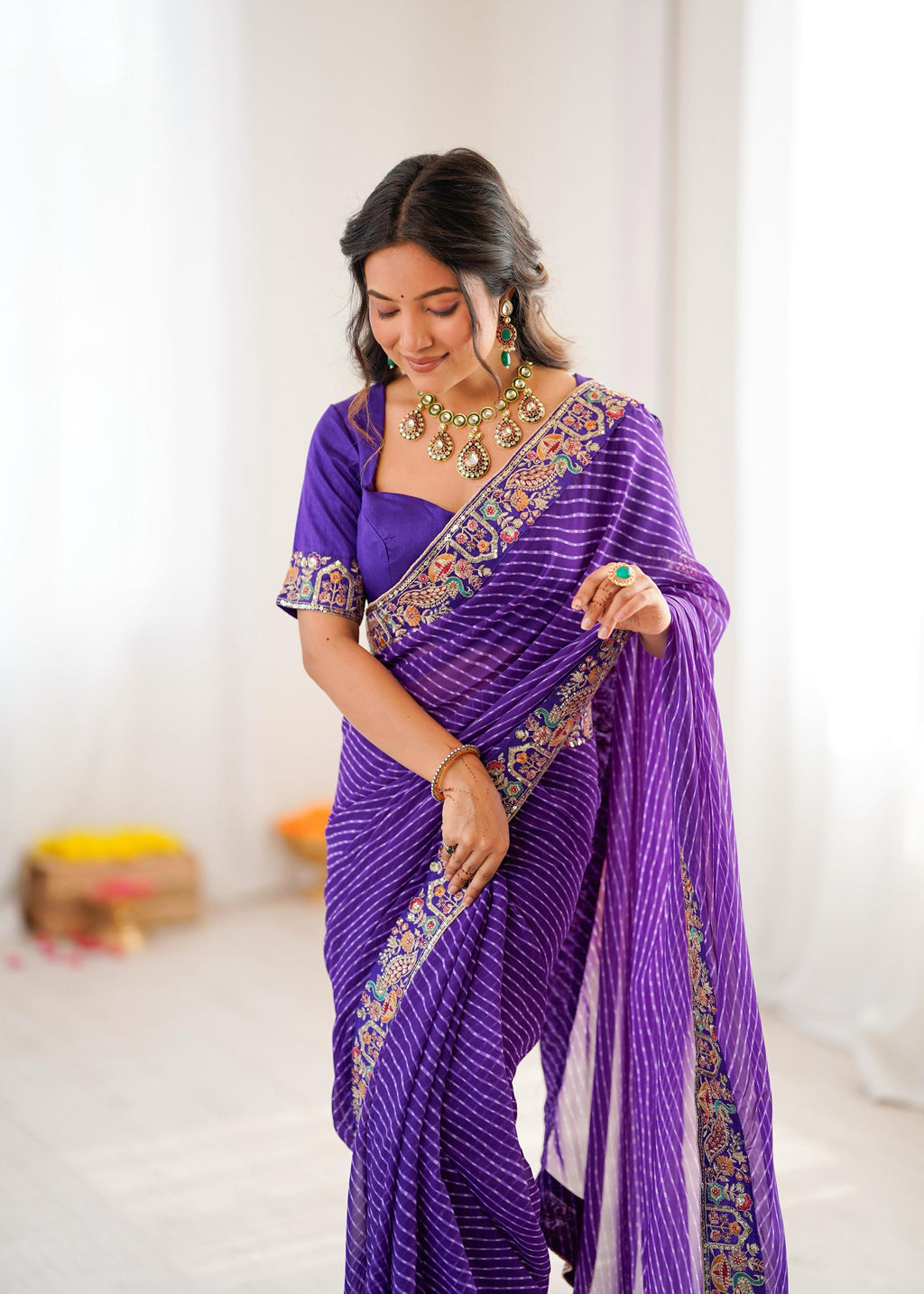 Faux Georgette Saree with Thread, Sequin Embroidery & Bandhani Print