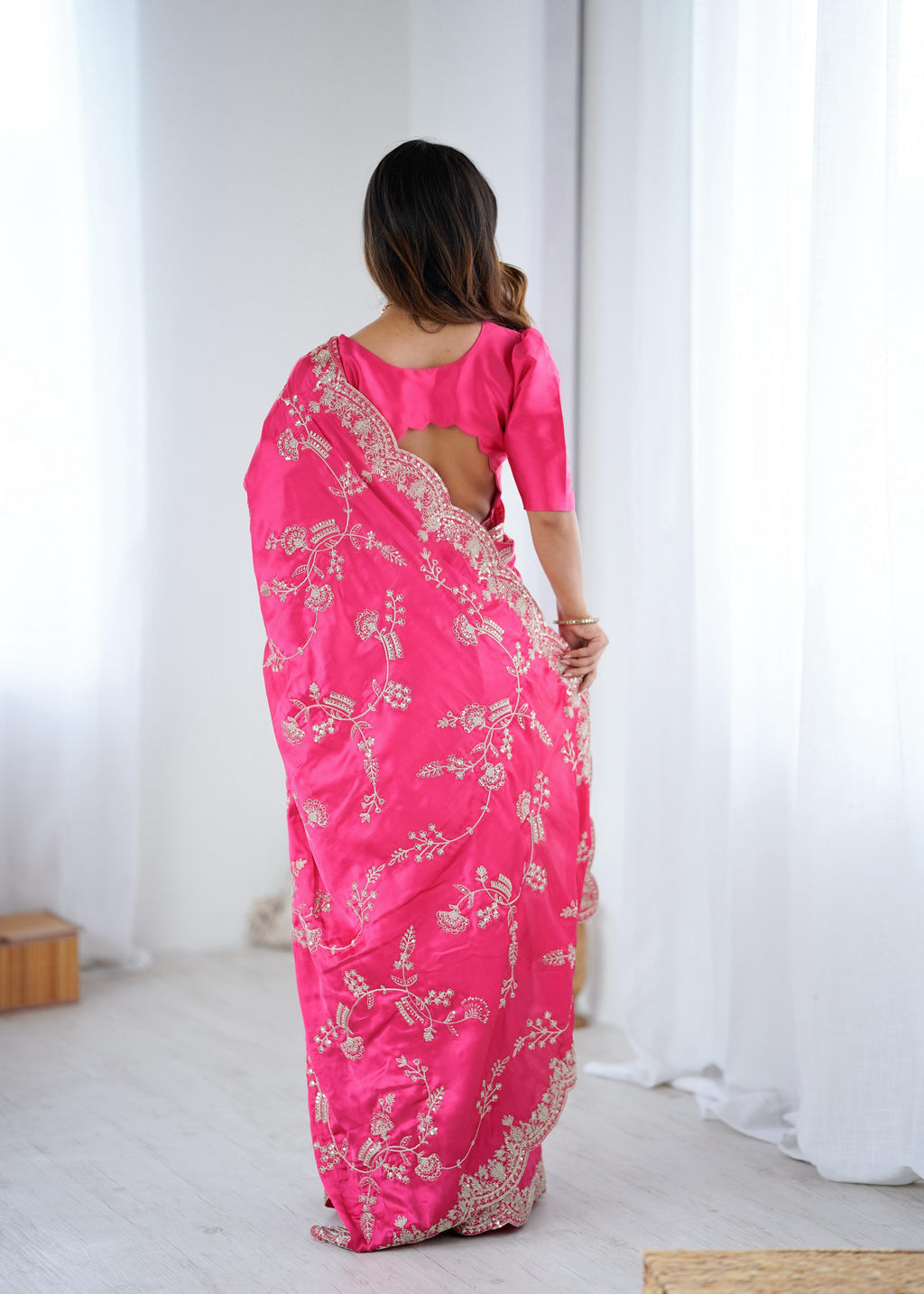 Heavy Japan Satin Silk Saree with Coding & Sequin Embroidery
