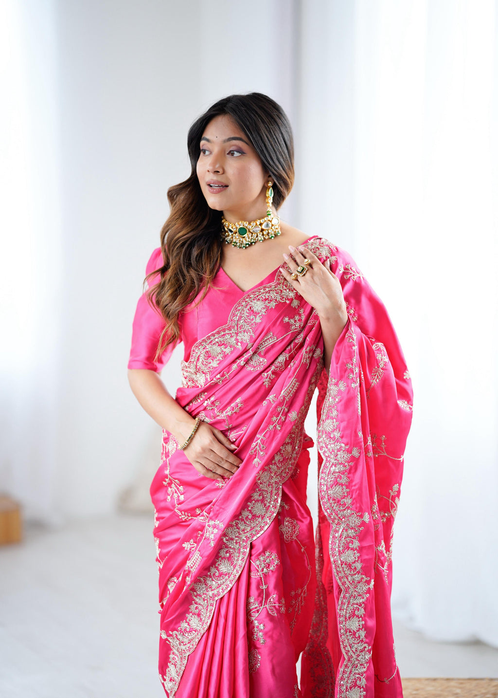 Heavy Japan Satin Silk Saree with Coding & Sequin Embroidery