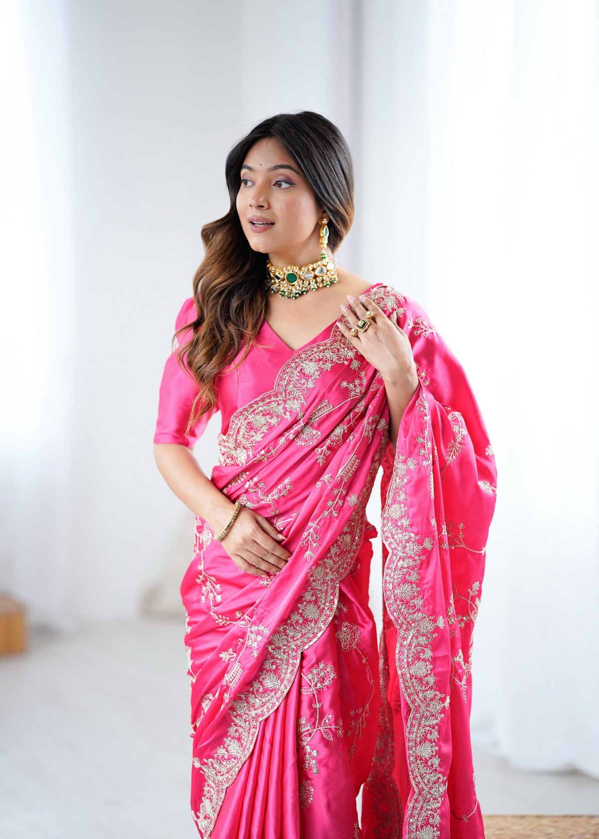 Heavy Japan Satin Silk Saree with Coding & Sequin Embroidery
