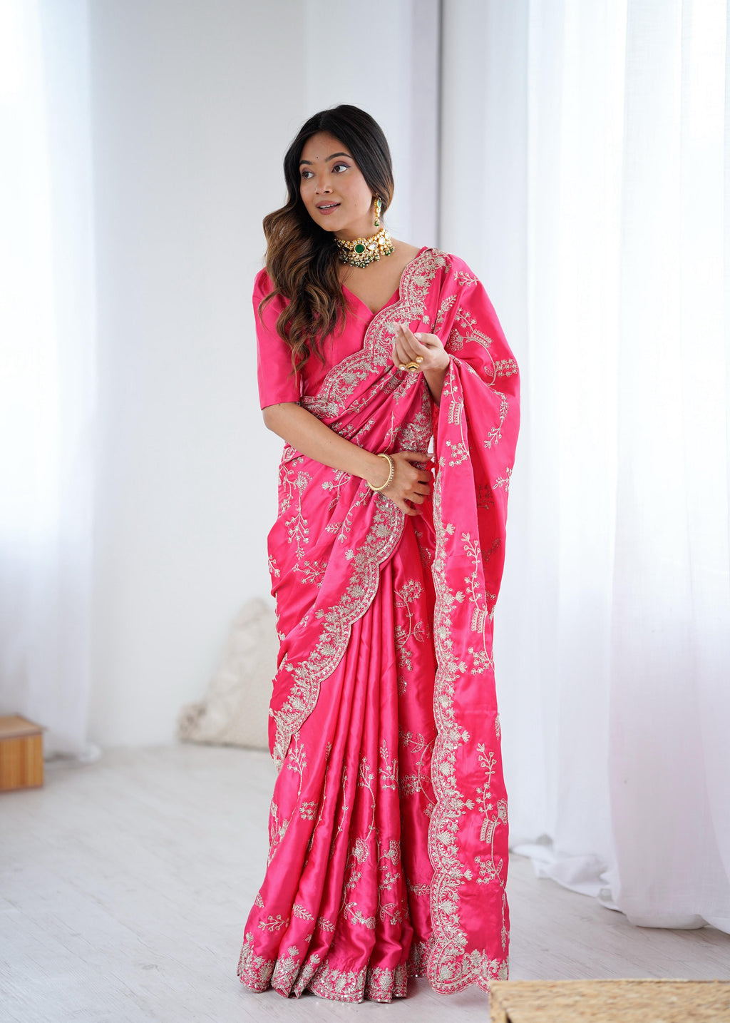 Heavy Japan Satin Silk Saree with Coding & Sequin Embroidery