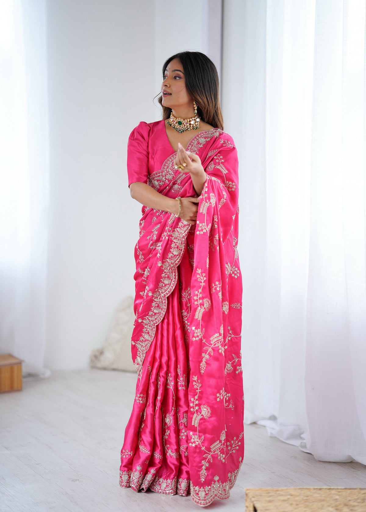 Heavy Japan Satin Silk Saree with Coding & Sequin Embroidery