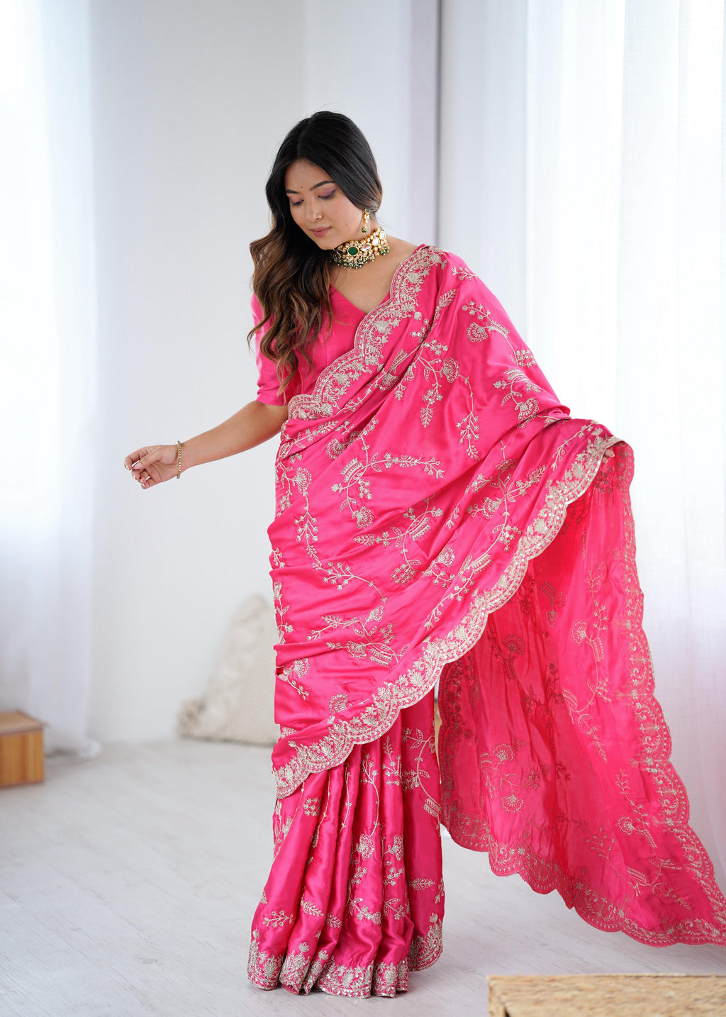 Heavy Japan Satin Silk Saree with Coding & Sequin Embroidery