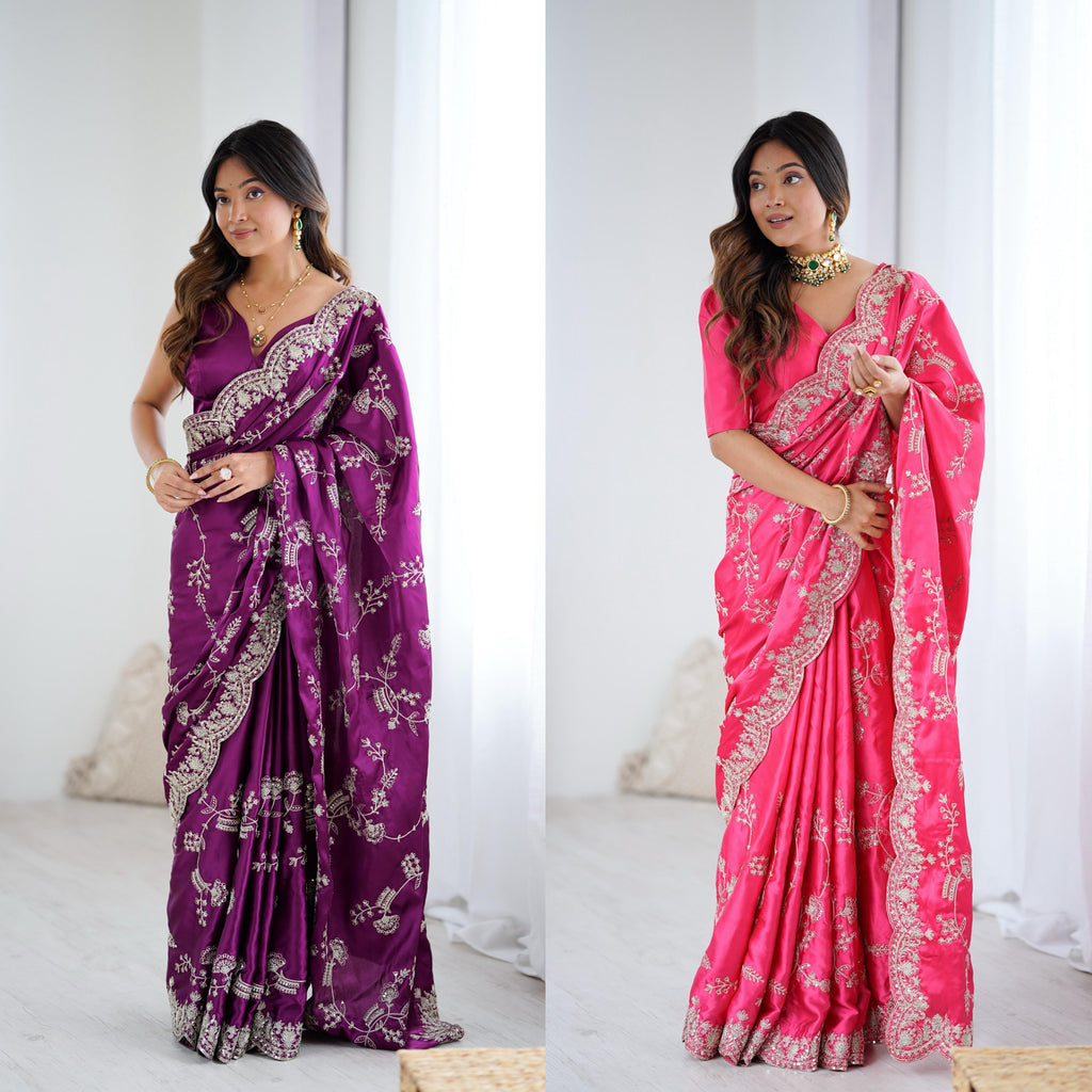Heavy Japan Satin Silk Saree with Coding & Sequin Embroidery