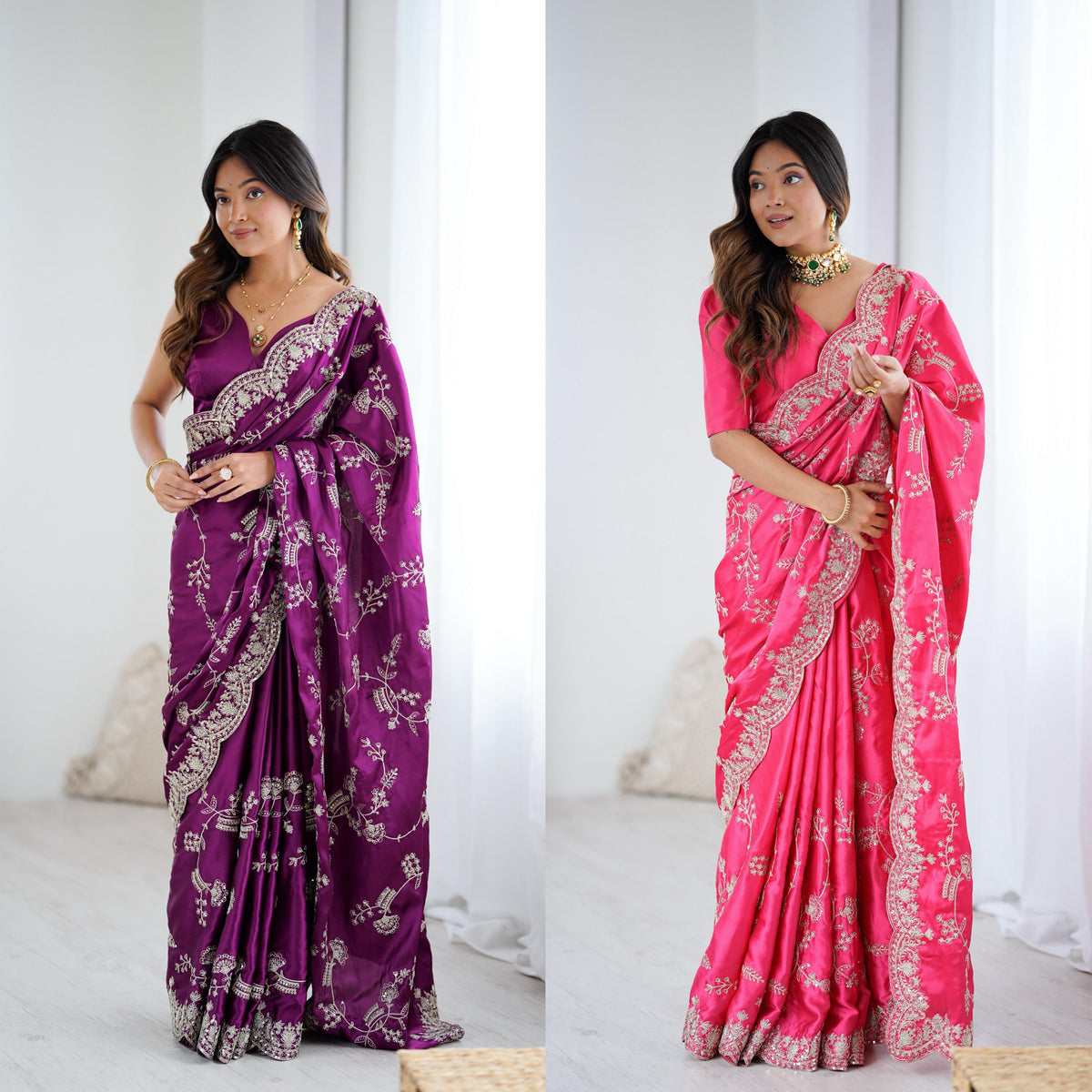 Heavy Japan Satin Silk Saree with Coding & Sequin Embroidery