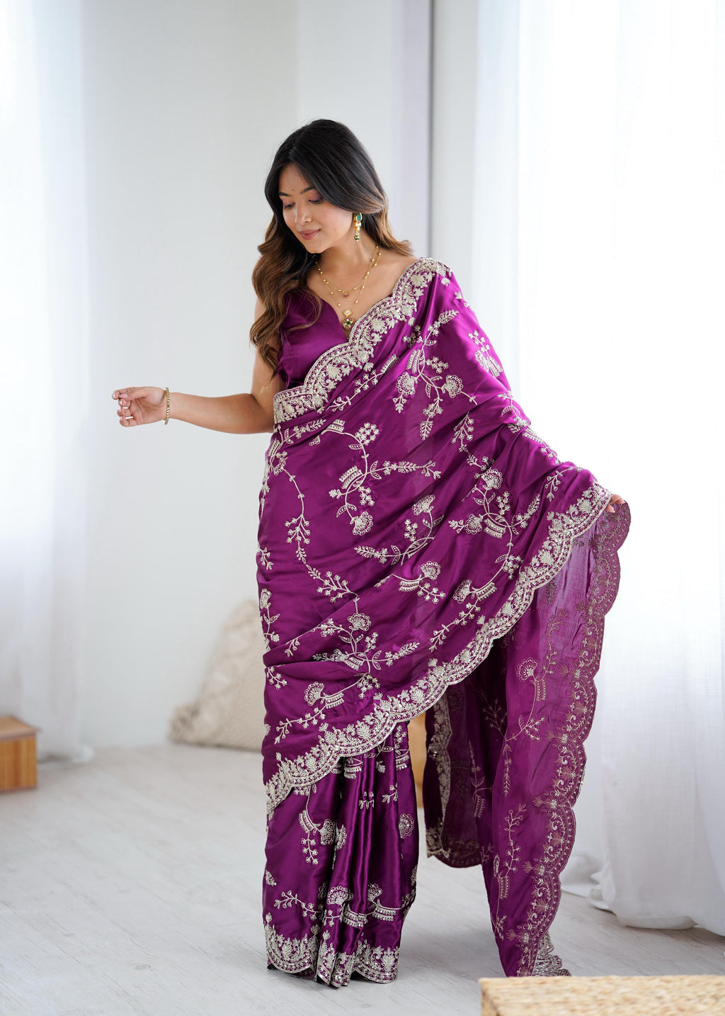 Heavy Japan Satin Silk Saree with Coding & Sequin Embroidery