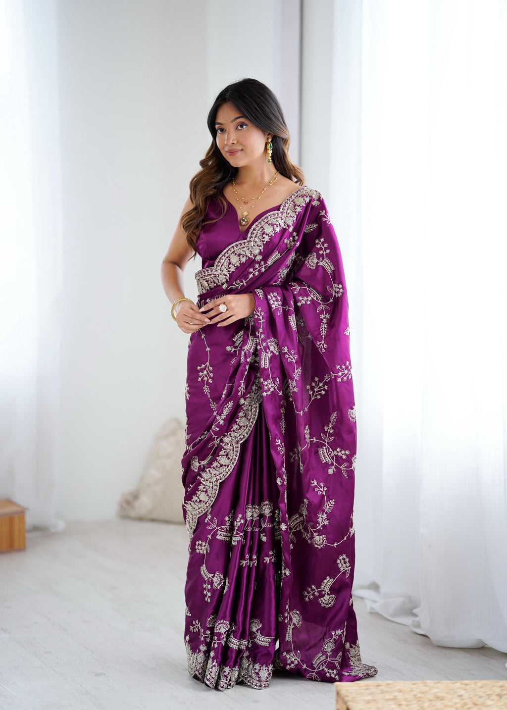 Heavy Japan Satin Silk Saree with Coding & Sequin Embroidery