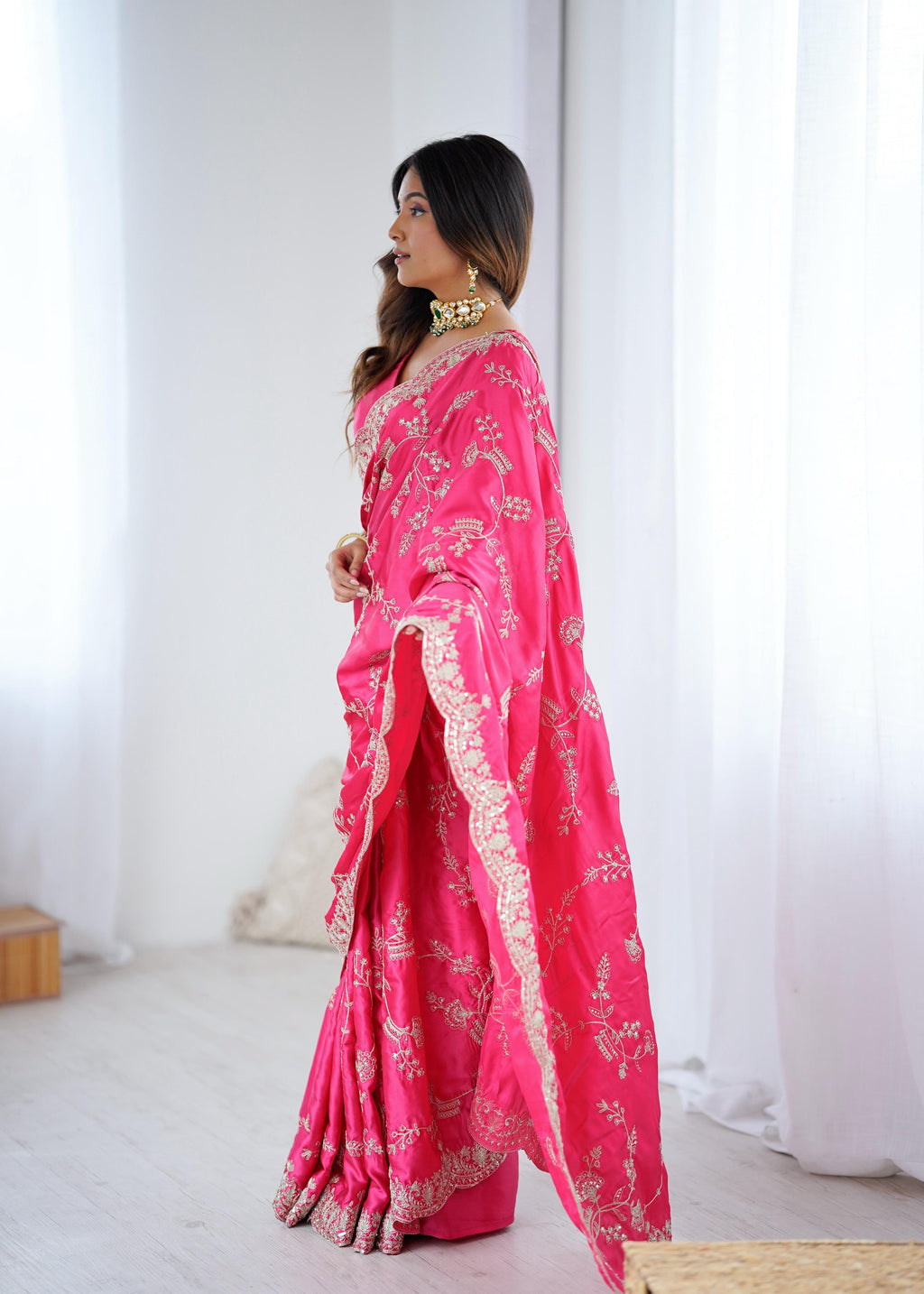 Heavy Japan Satin Silk Saree with Coding & Sequin Embroidery
