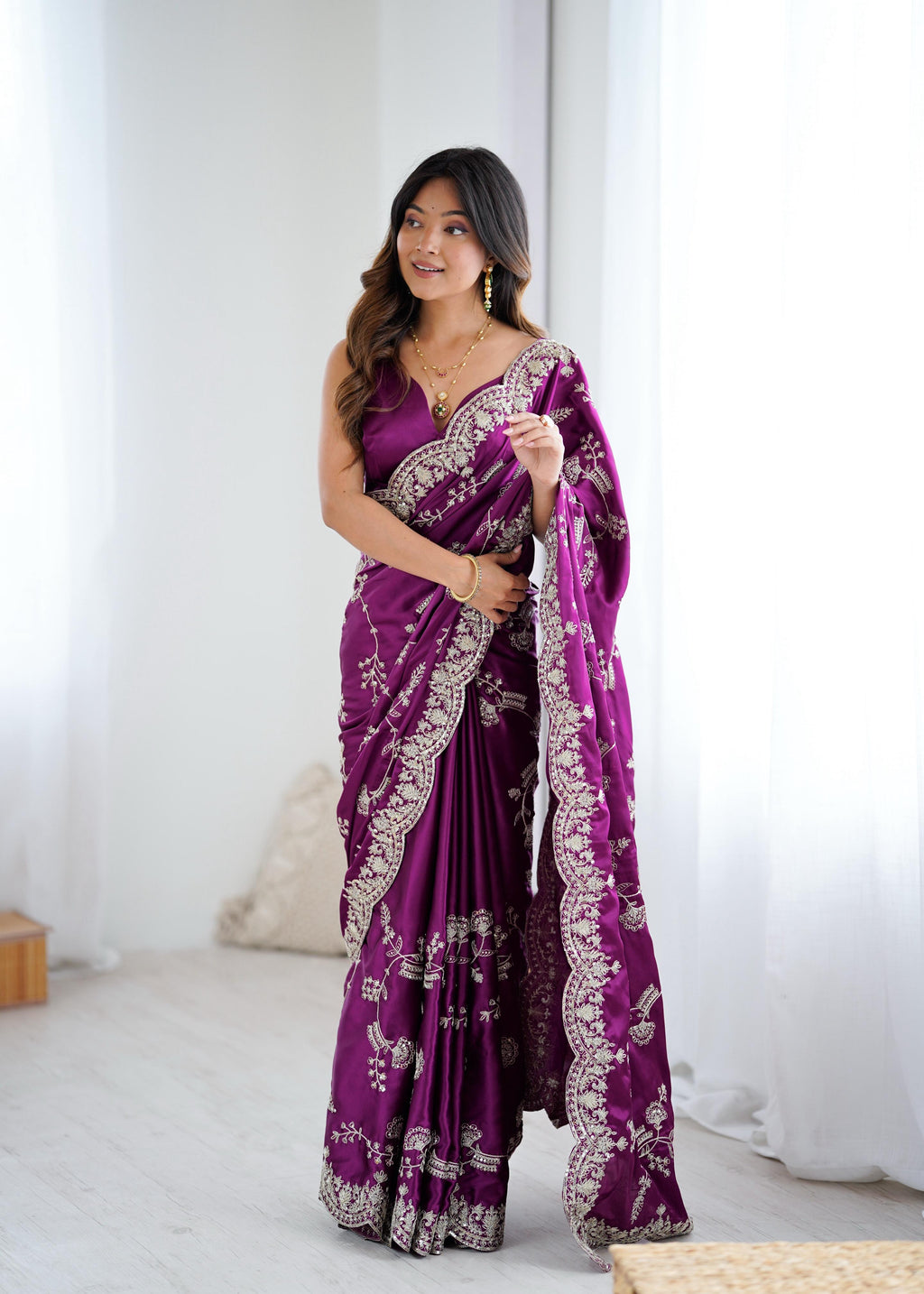 Heavy Japan Satin Silk Saree with Coding & Sequin Embroidery