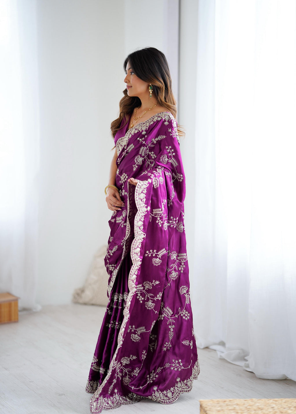 Heavy Japan Satin Silk Saree with Coding & Sequin Embroidery