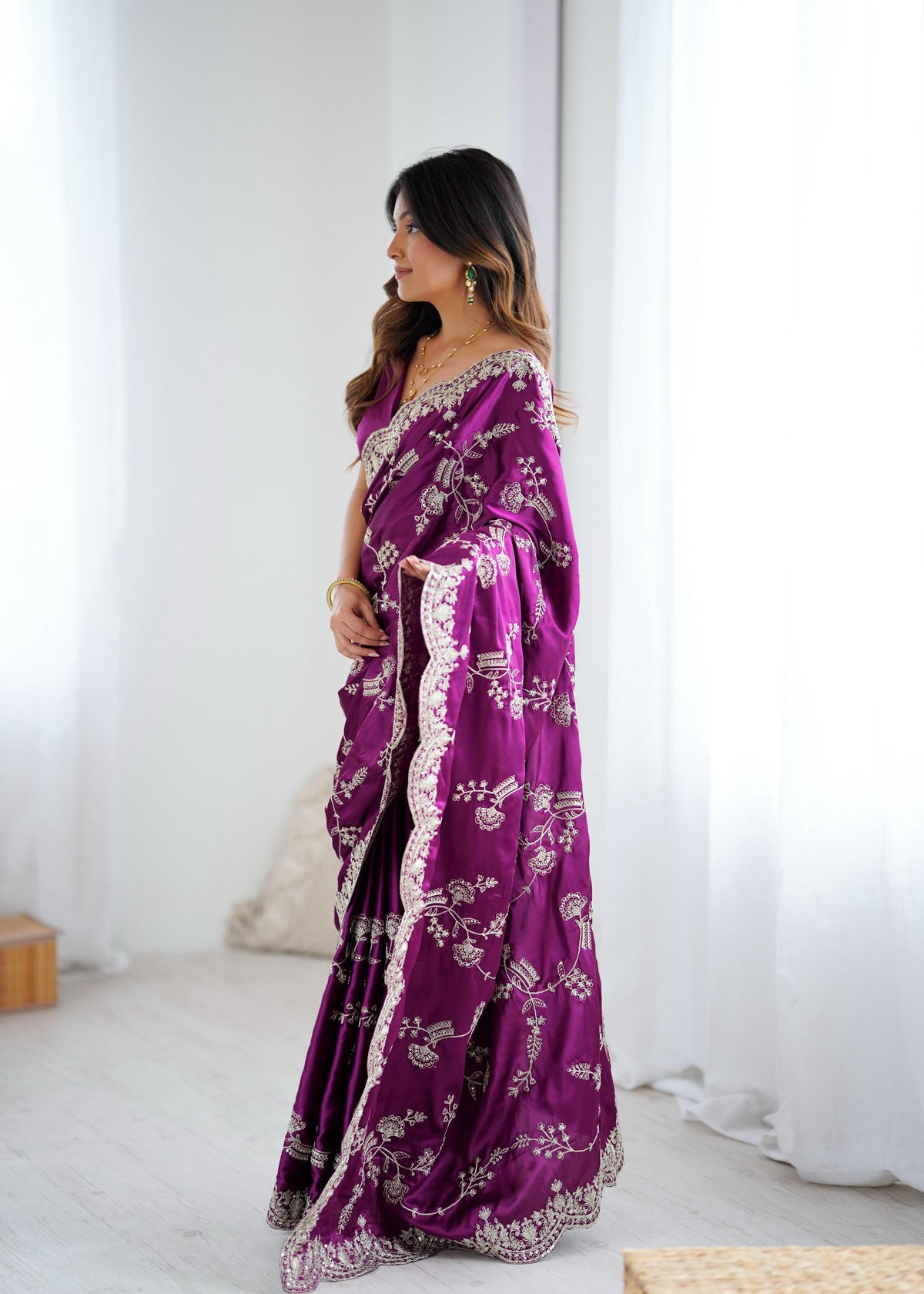 Heavy Japan Satin Silk Saree with Coding & Sequin Embroidery